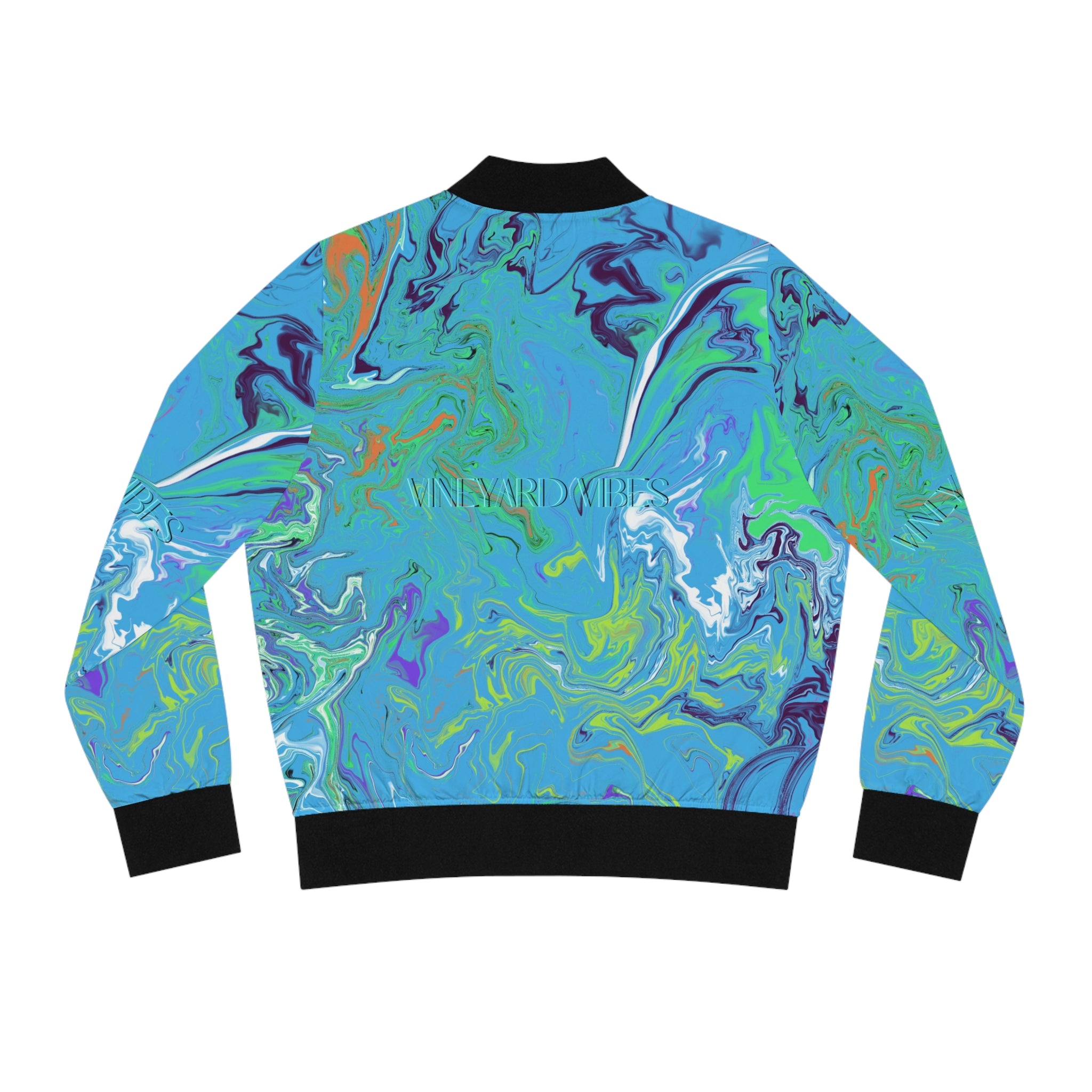 Vineyard Vibes Blue Water Color Paint - Women's Black Bomber Jacket (AOP)