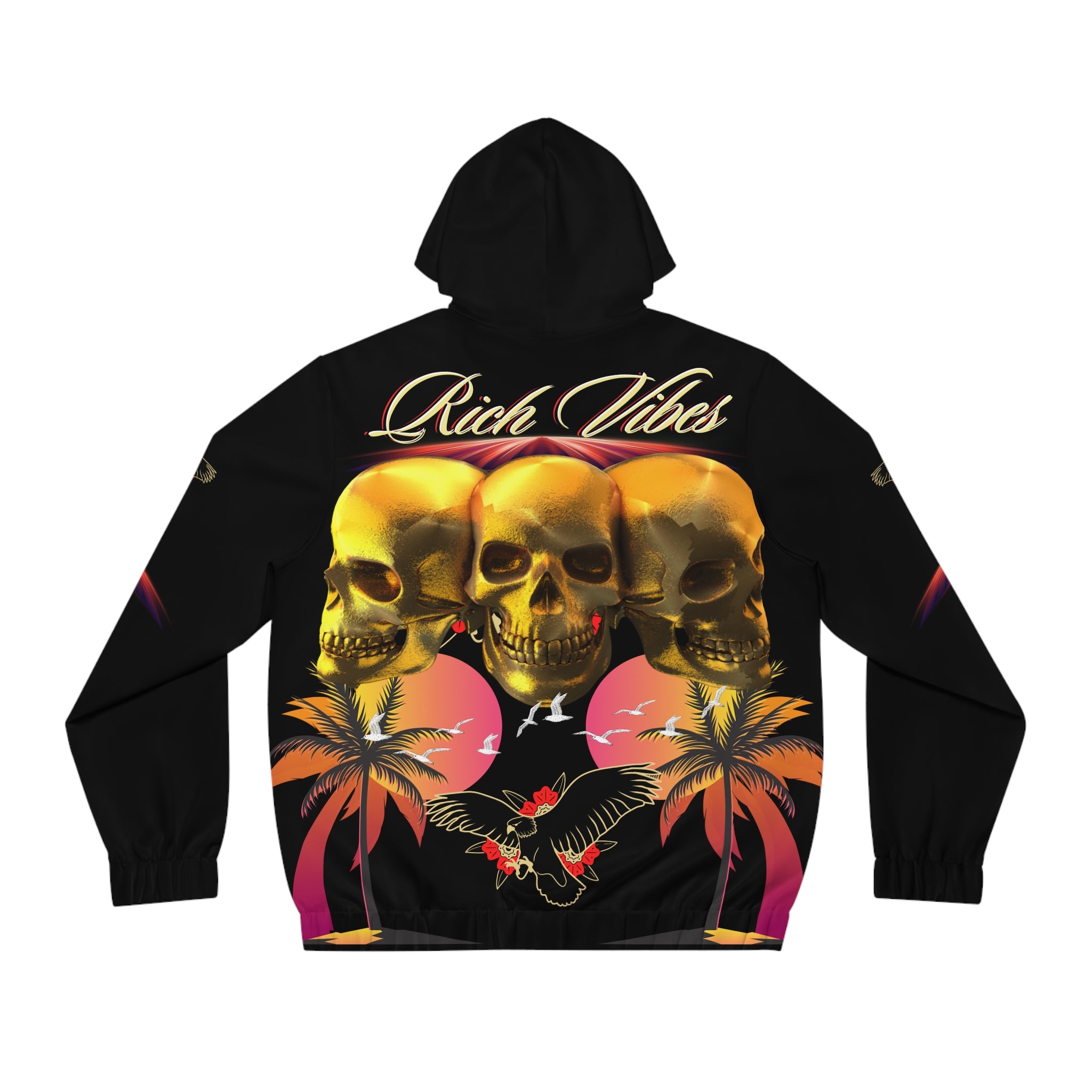 Rich Vibes Authentic Triple Golden Skull City Skyline 1.5 - Men's Full-Zip Hoodie (AOP) Black