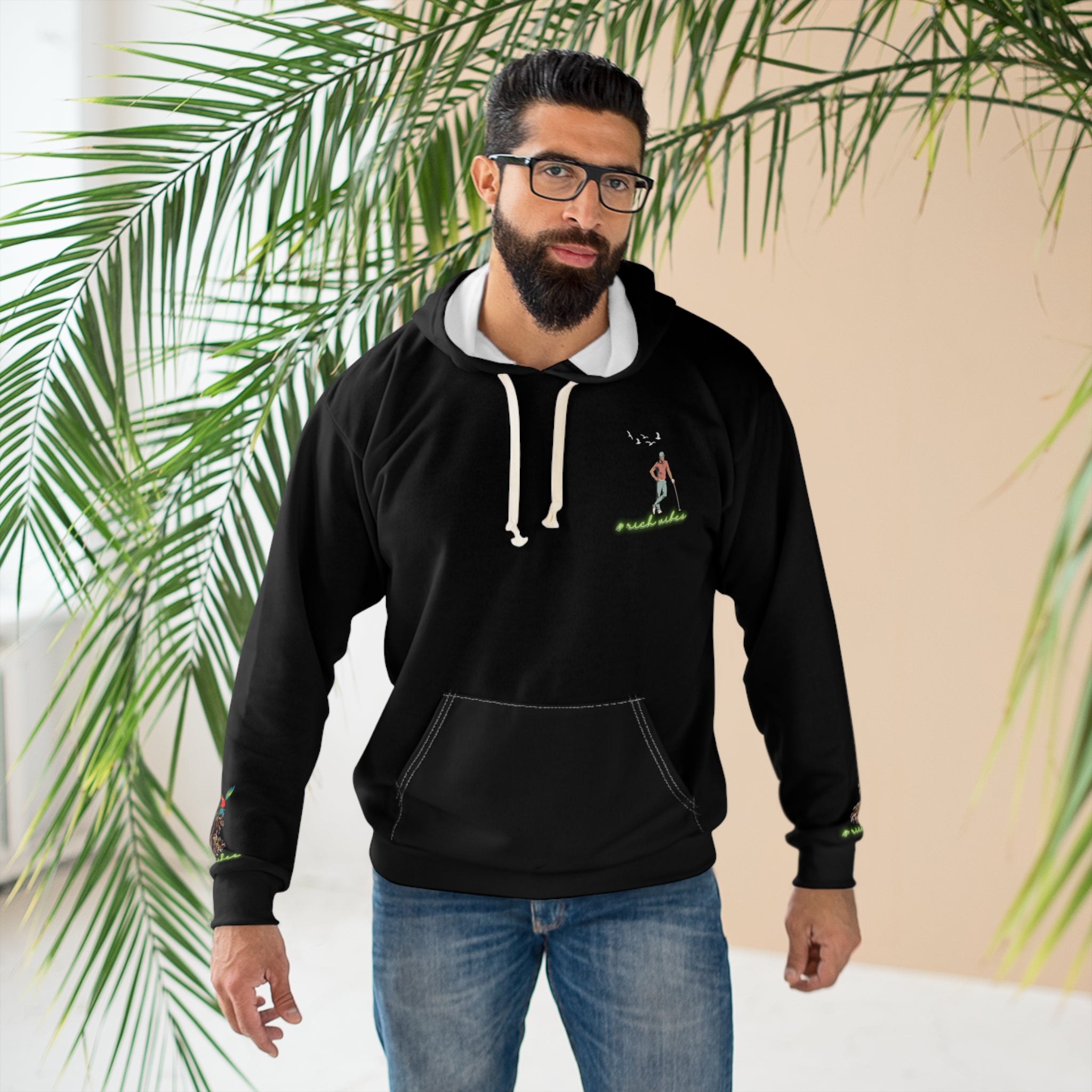 Rich Vibes Black Colorful Palm Trees Volt Golf Pro 2.0 - Unisex Pullover Hoodie (AOP)