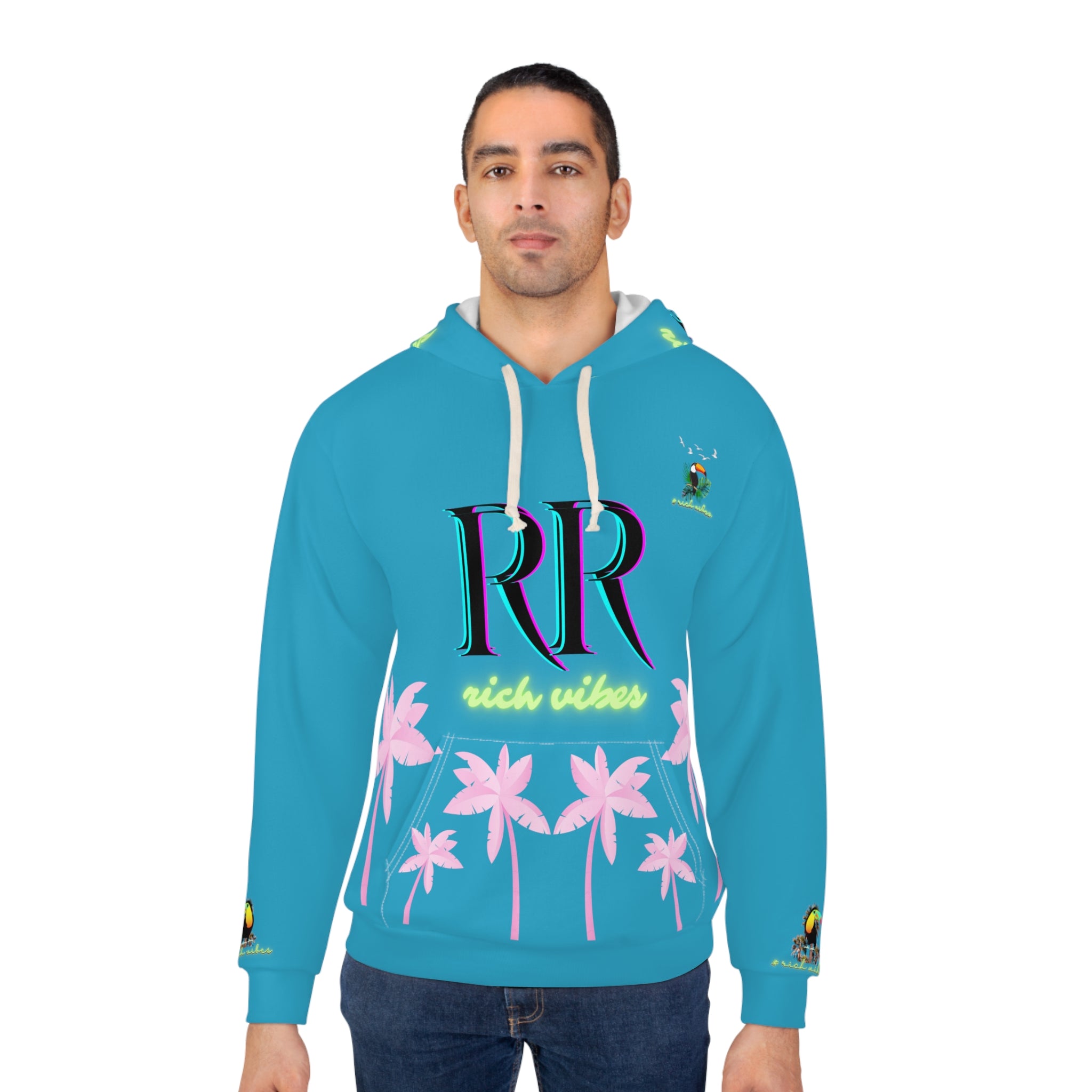 Rich Vibes Volt Green RR Turquoise Tropical Pink Palm Tree Jungle Tiger - Unisex Pullover Hoodie (AOP)