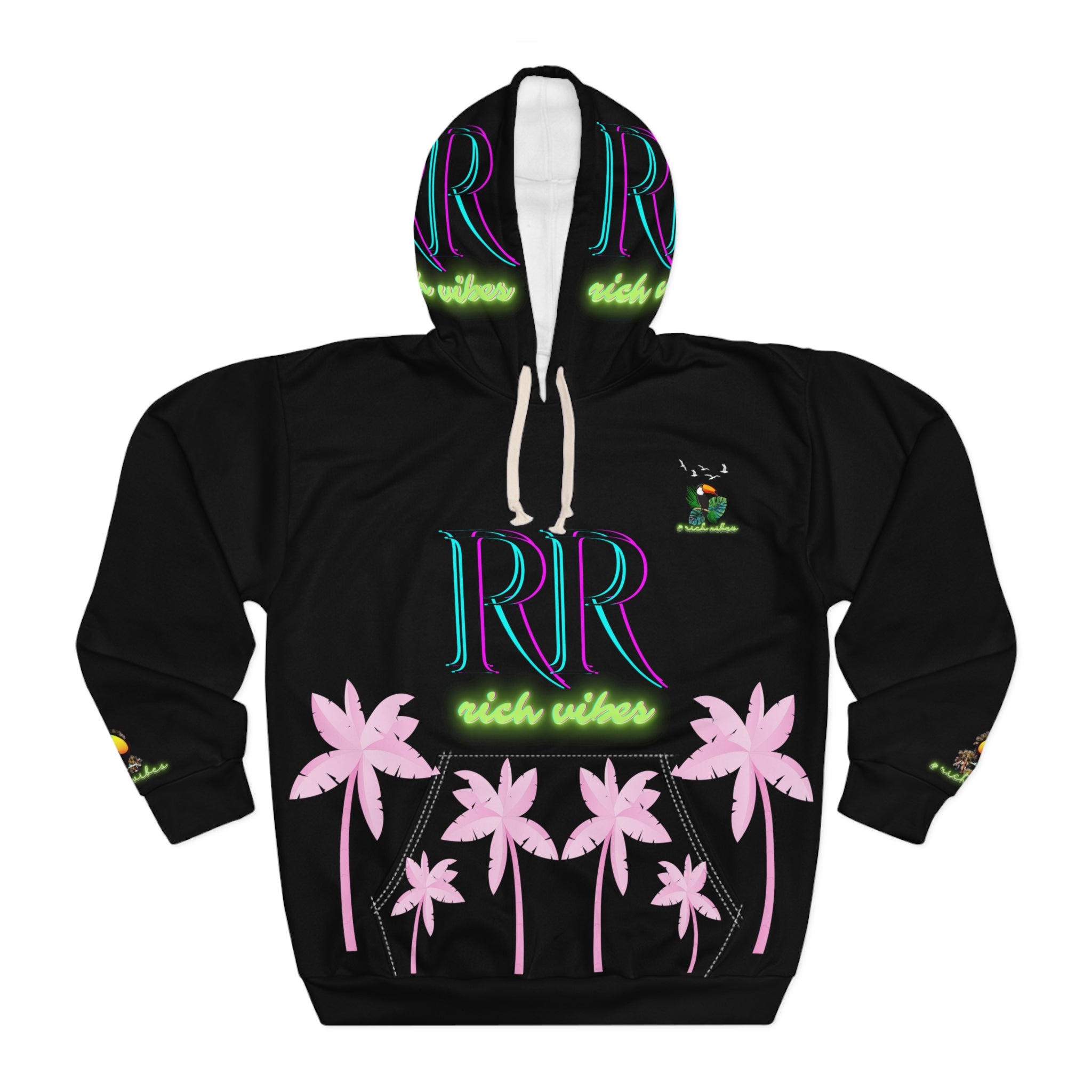 Rich Vibes Volt Green RR White Tropical Pink Palm Tree Jungle Tiger - Unisex Pullover Hoodie (AOP)
