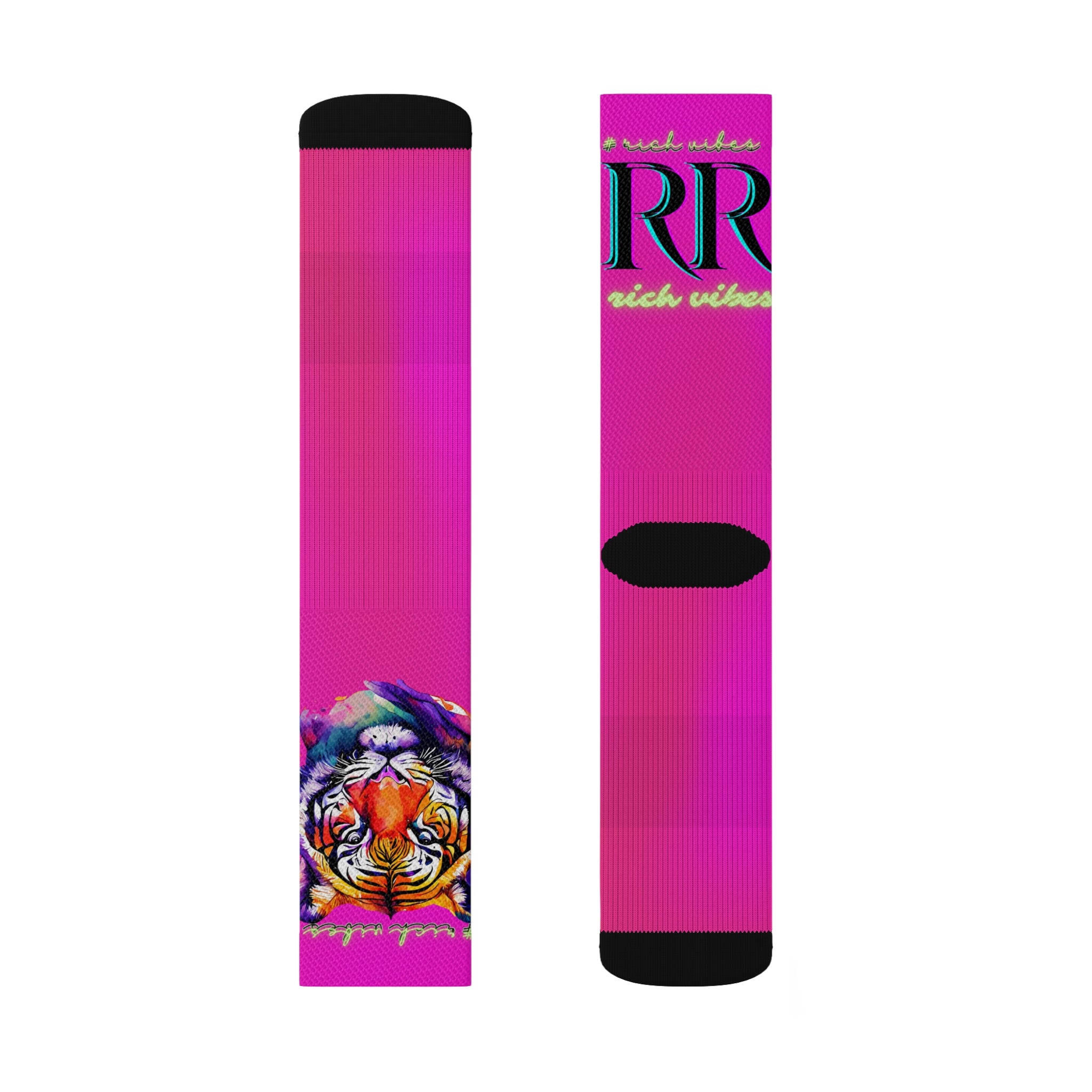 Rich Vibes RR Hot Pink Tropical Jungle Tiger - Sublimation Socks Black