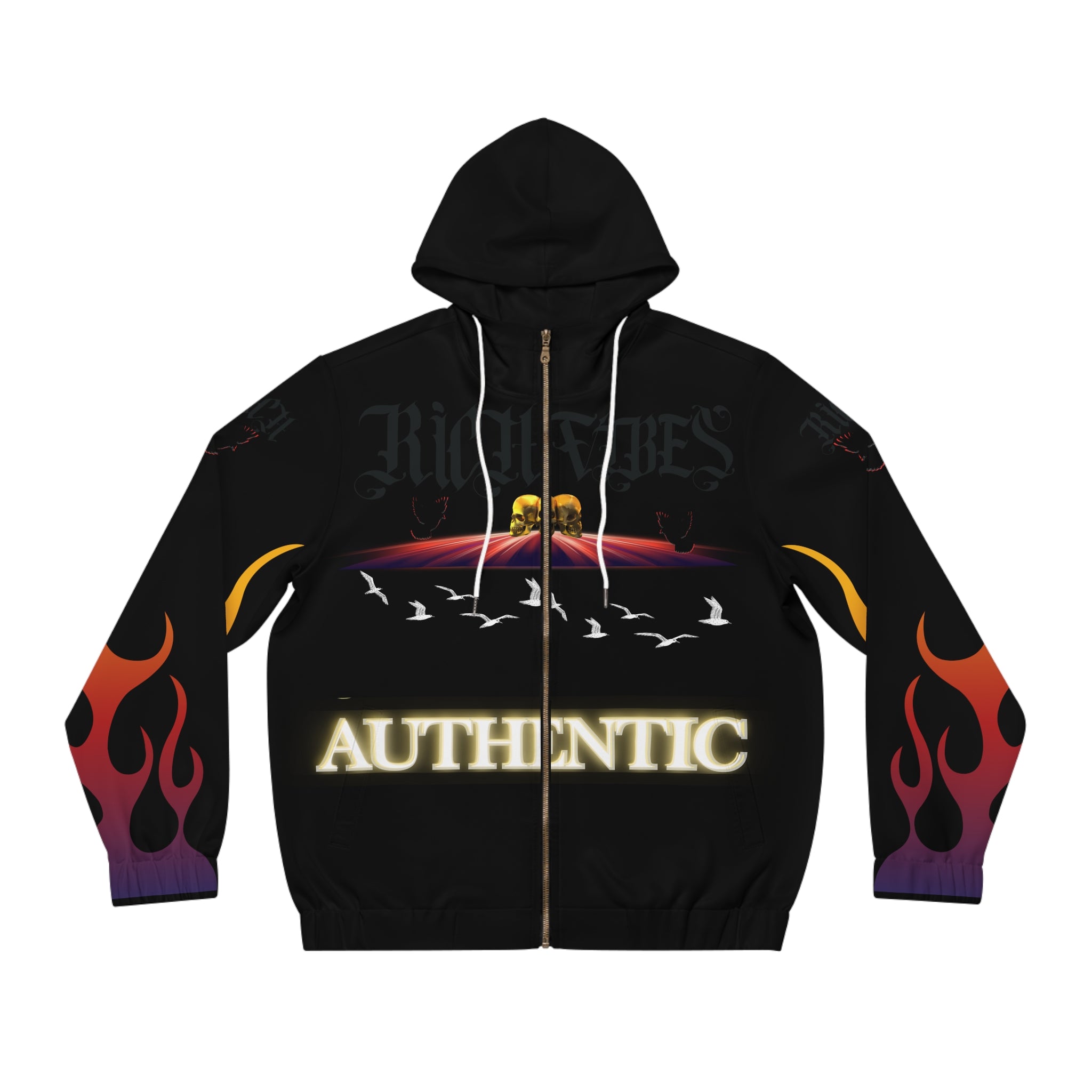 Rich Vibes Authentic Black Bird Flames City Skyline 1.5 - Men's Full-Zip Hoodie (AOP) Black
