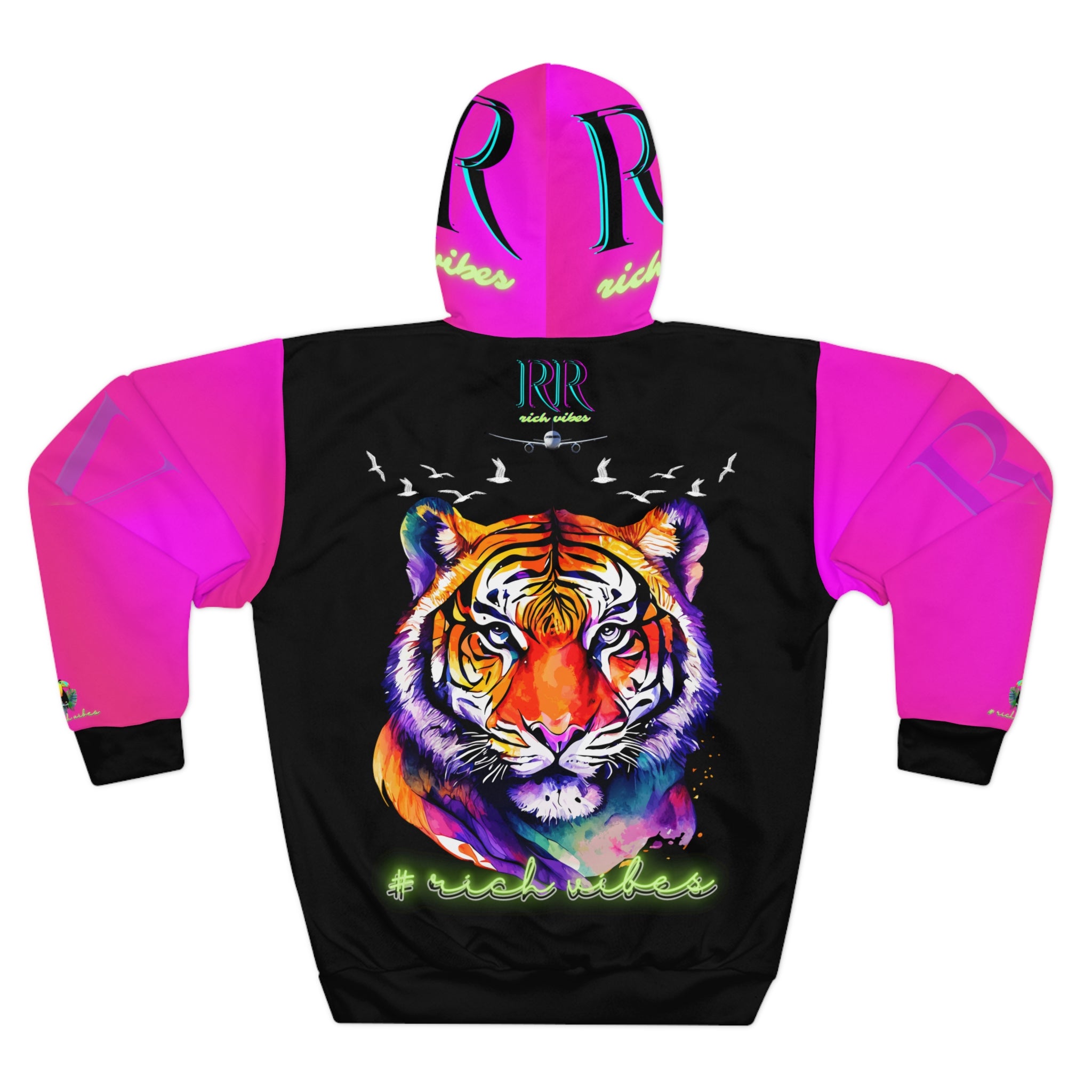 Rich Vibes Black Tropical Pink Volt RR Tropical Jungle Tiger 1.3 - Unisex Pullover Hoodie (AOP)