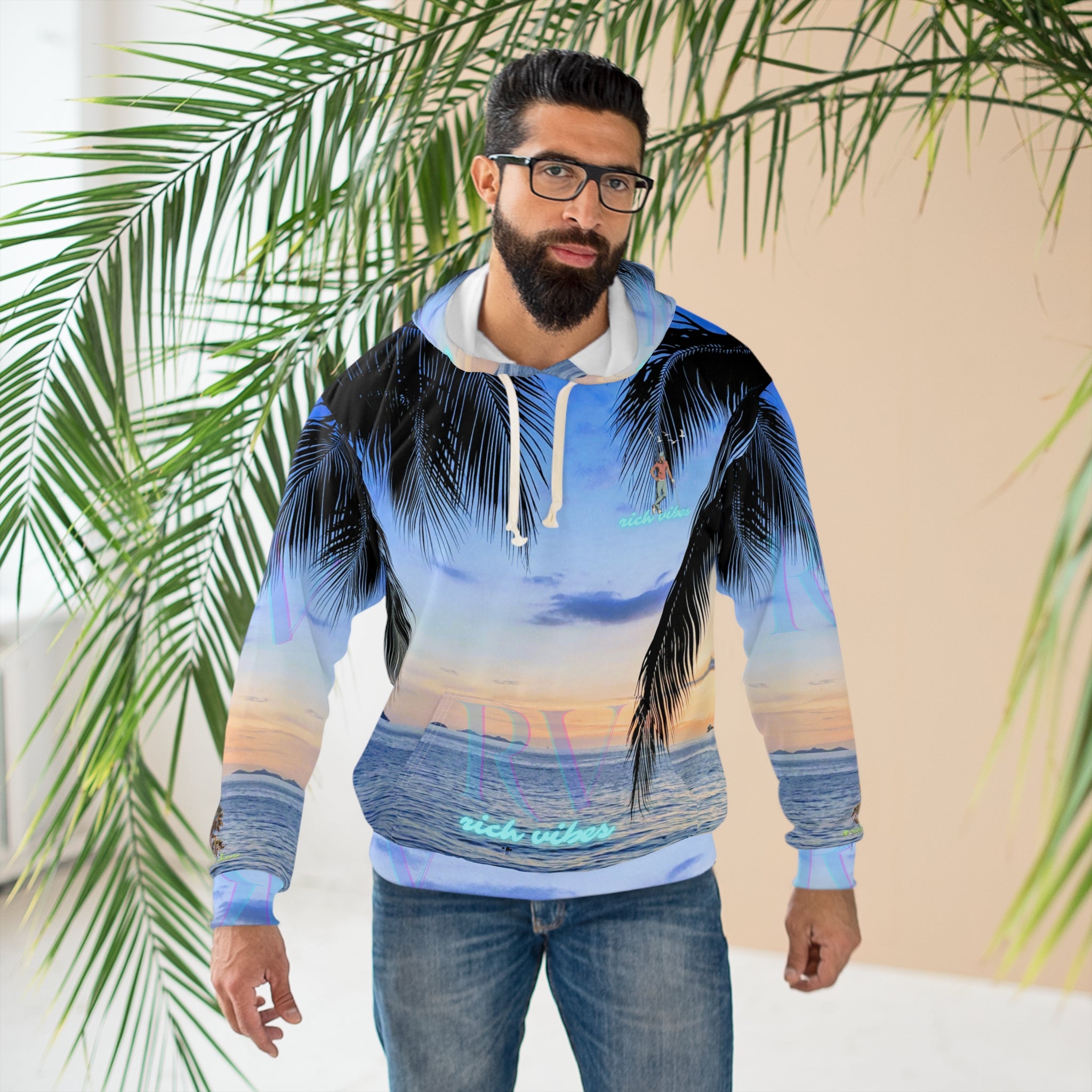 Rich Vibes Volt Blue Sky Sunset - Unisex Pullover Hoodie (AOP)