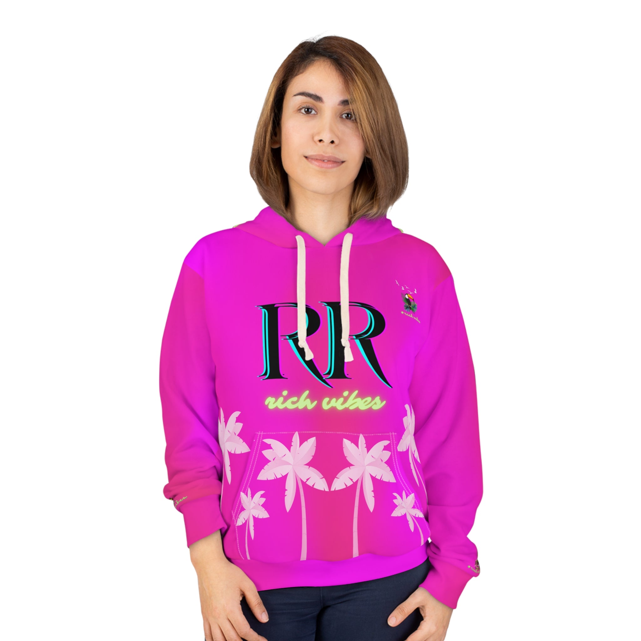 Rich Vibes Volt Green RR Hot Pink Tropical Pink Palm Tree Jungle Tiger - Unisex Pullover Hoodie (AOP)