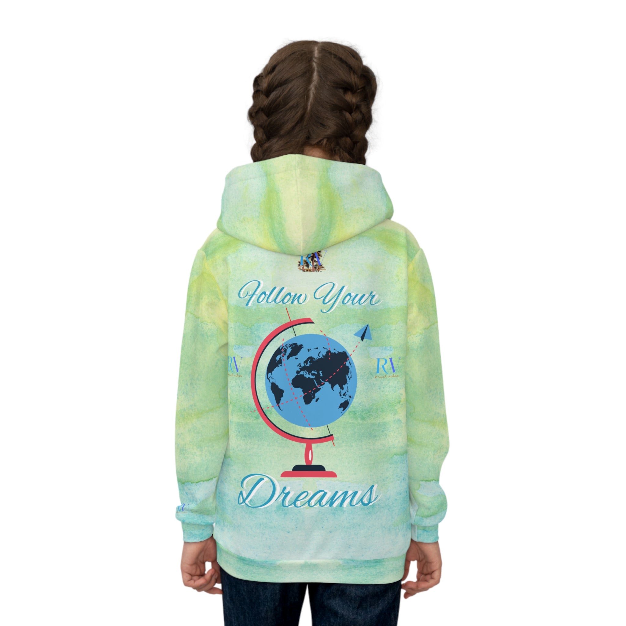Rich Vibes Follow Your Dreams Water Color Green RV Color Palm Tree Black 3 -  Children's Hoodie (AOP)
