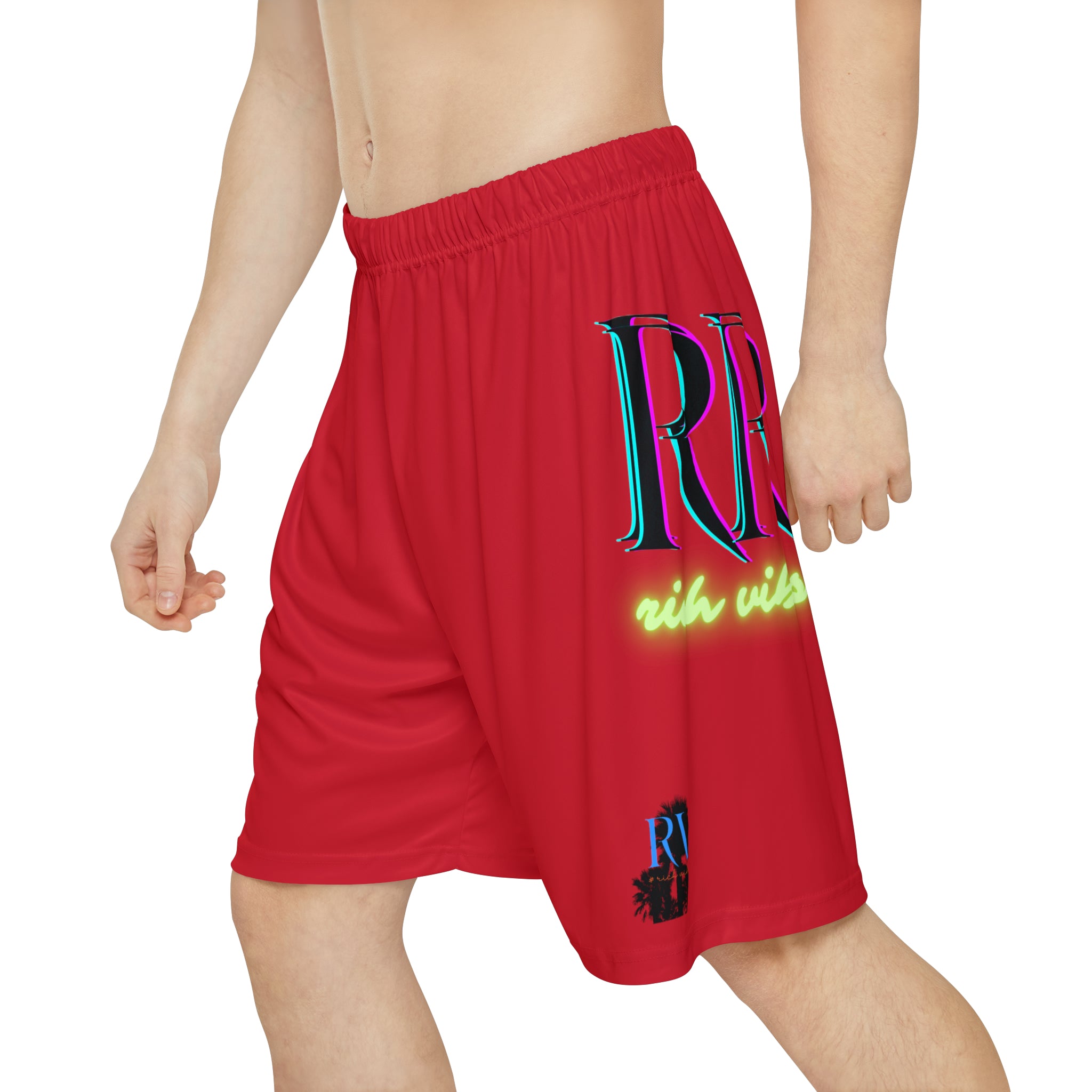 Rich Vibes RR RV Palm Tree Silhouette - Men’s Sports Shorts (AOP) Red