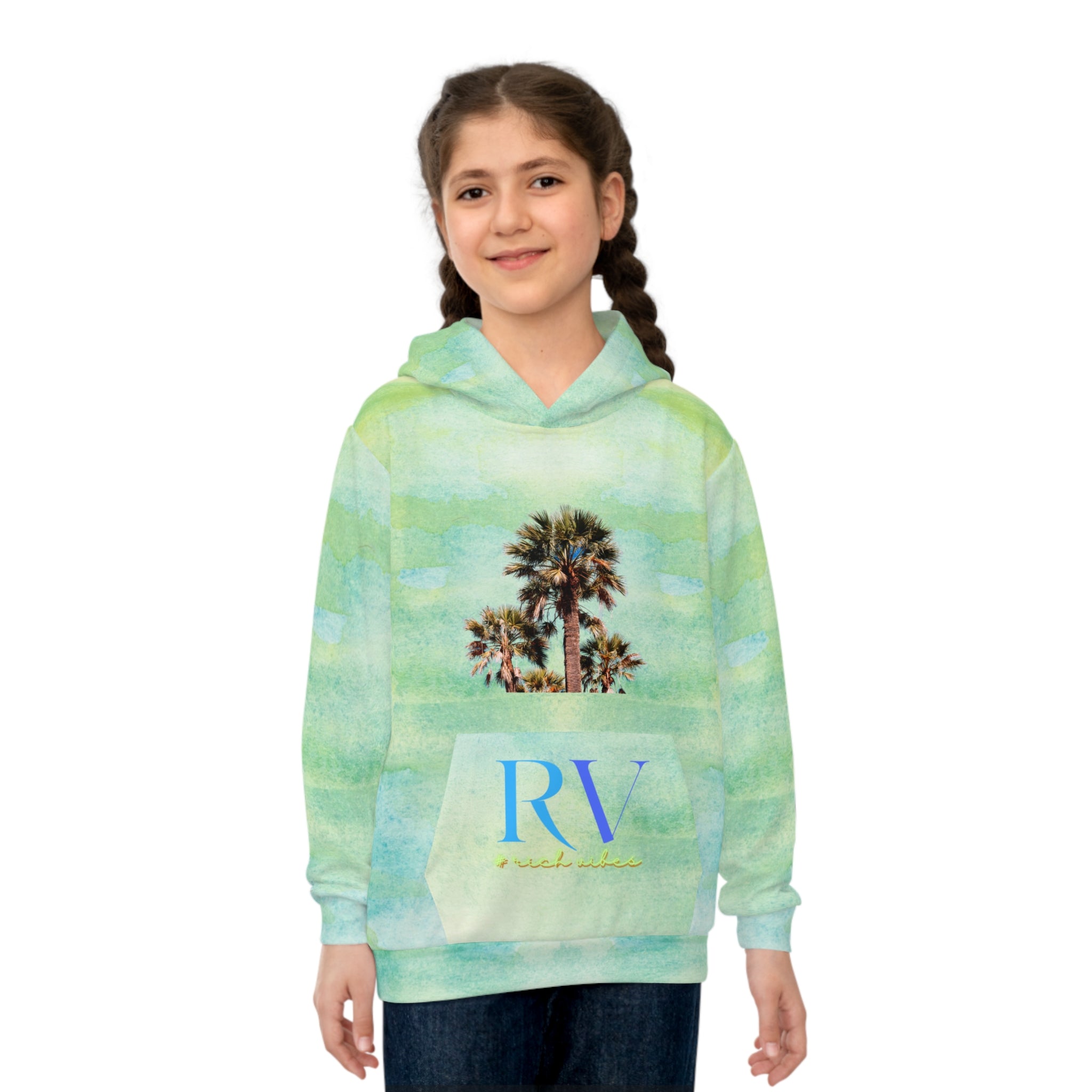 Rich Vibes Follow Your Dreams Water Color Green RV Color Palm Tree Black 3 -  Children's Hoodie (AOP)
