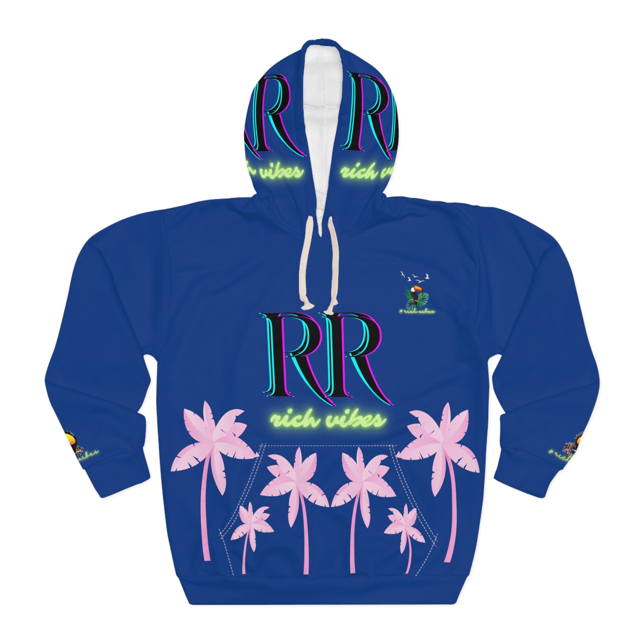 Rich Vibes Volt Green RR Royal Blue Tropical Pink Palm Tree Jungle Tiger - Unisex Pullover Hoodie (AOP)