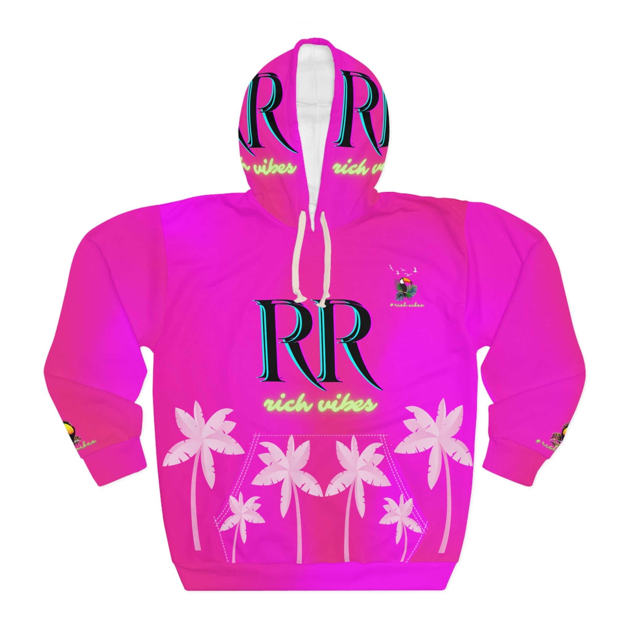 Rich Vibes Volt Green RR Hot Pink Tropical Pink Palm Tree Jungle Tiger - Unisex Pullover Hoodie (AOP)