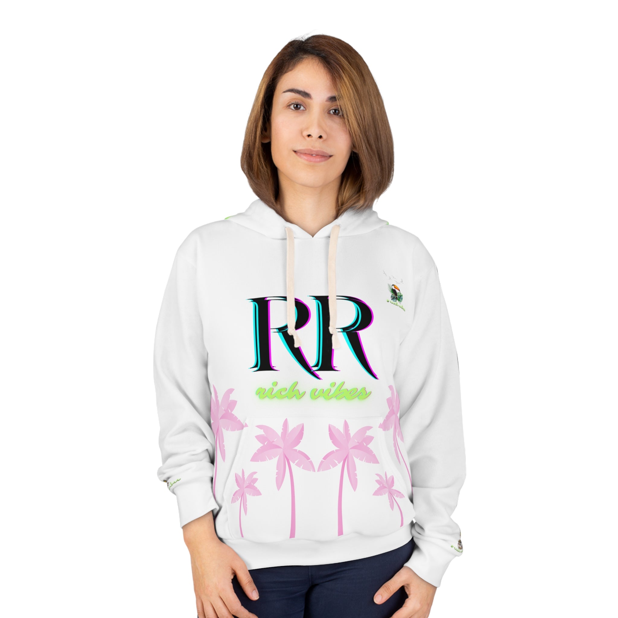 Rich Vibes Volt Green RR White Tropical Pink Palm Tree Jungle Tiger - Unisex Pullover Hoodie (AOP)