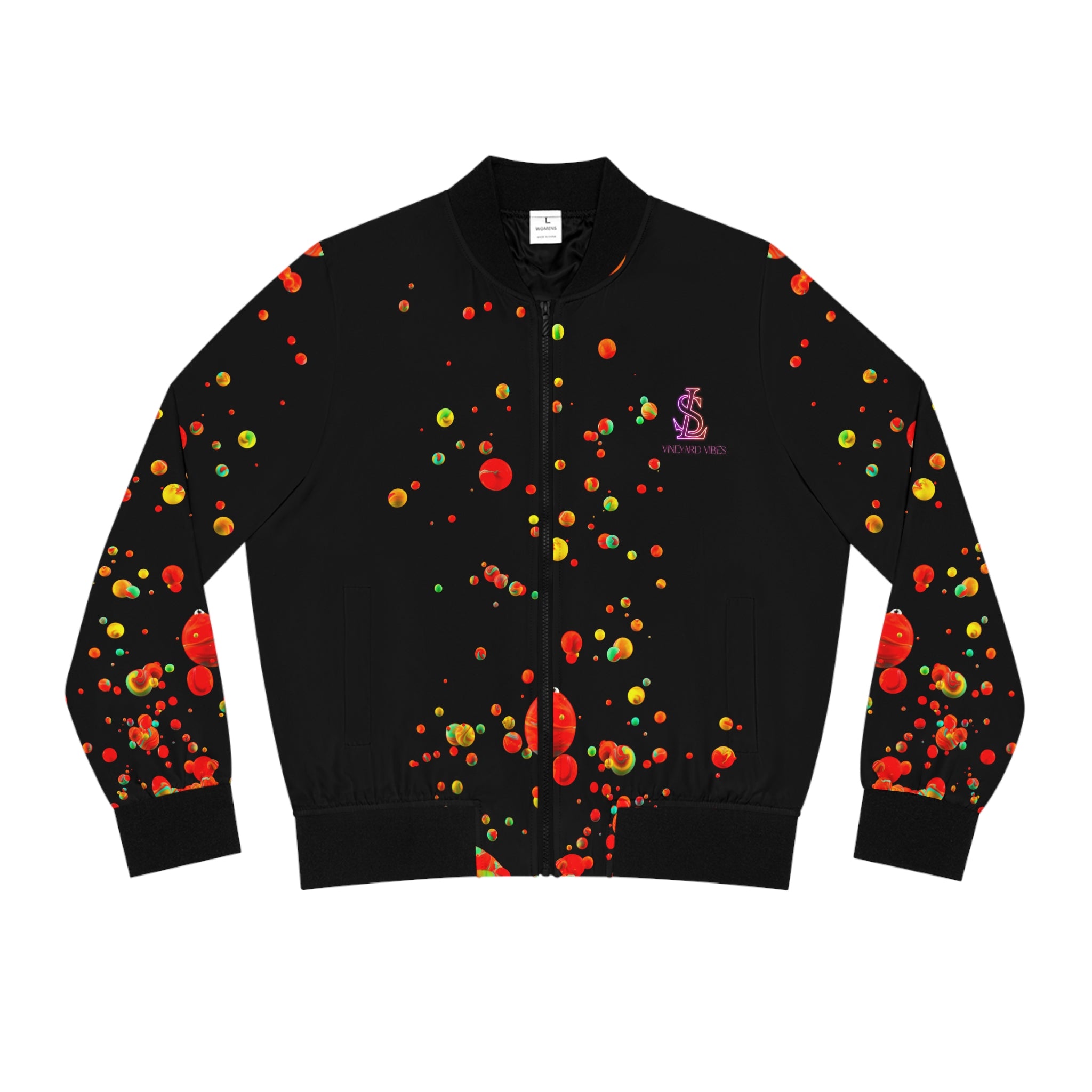 Vineyard Vibes LV Multi Colored Paint Drop  - Women's Light Pink Bomber Jacket (AOP)