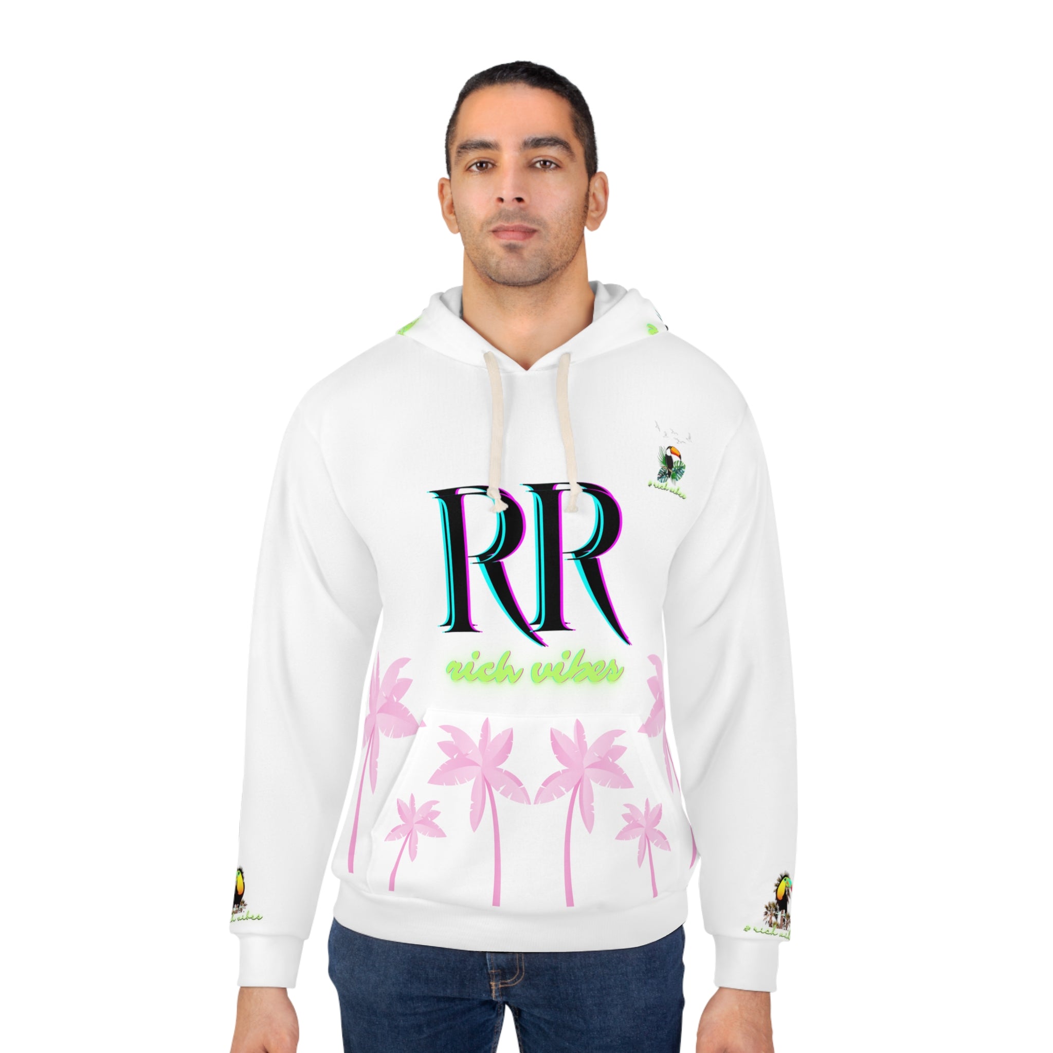 Rich Vibes Volt Green RR White Tropical Pink Palm Tree Jungle Tiger - Unisex Pullover Hoodie (AOP)
