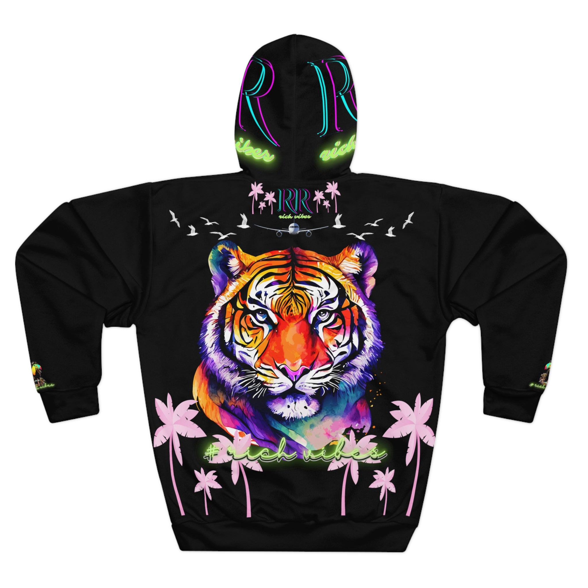 Rich Vibes Volt Green RR White Tropical Pink Palm Tree Jungle Tiger - Unisex Pullover Hoodie (AOP)