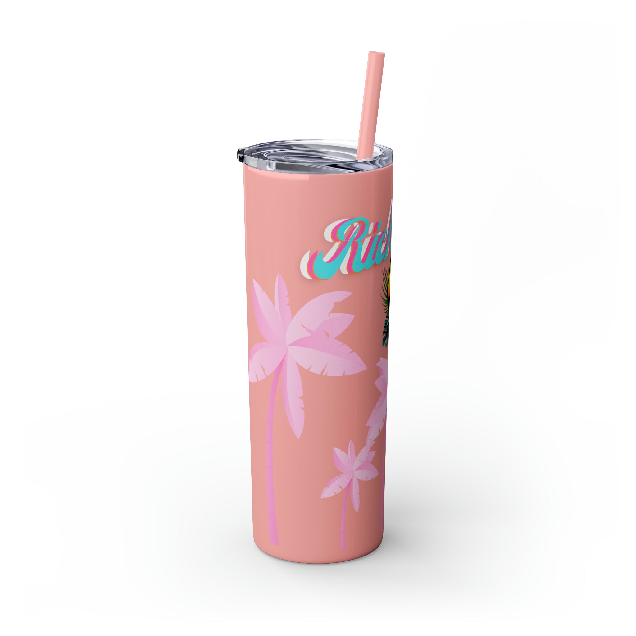 Rich Drip Tropical Pink Palm Tree - Skinny Tumbler with Straw, 20oz