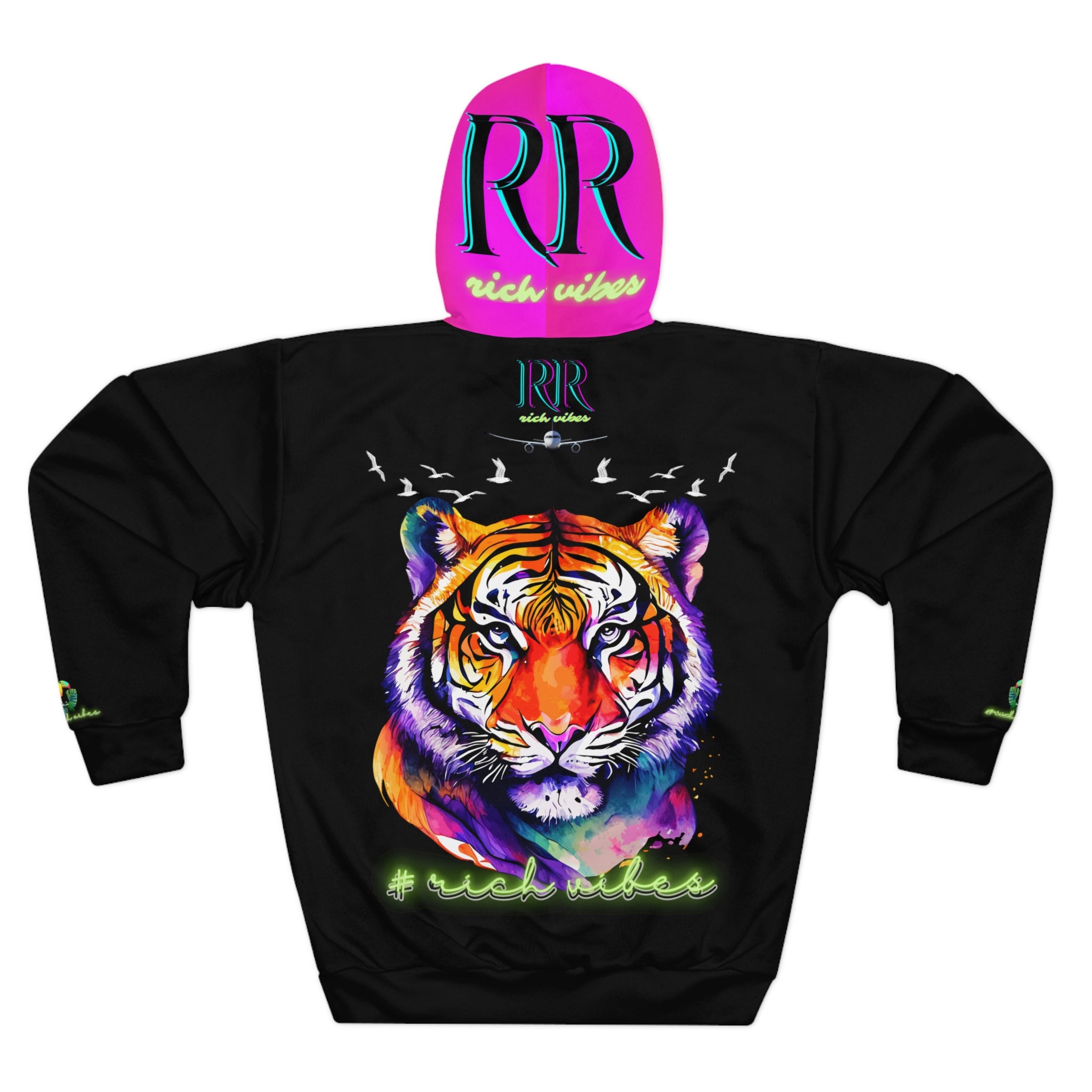 Rich Vibes Black Tropical Pink Volt RR Tropical Jungle Tiger 1.2 - Unisex Pullover Hoodie (AOP)