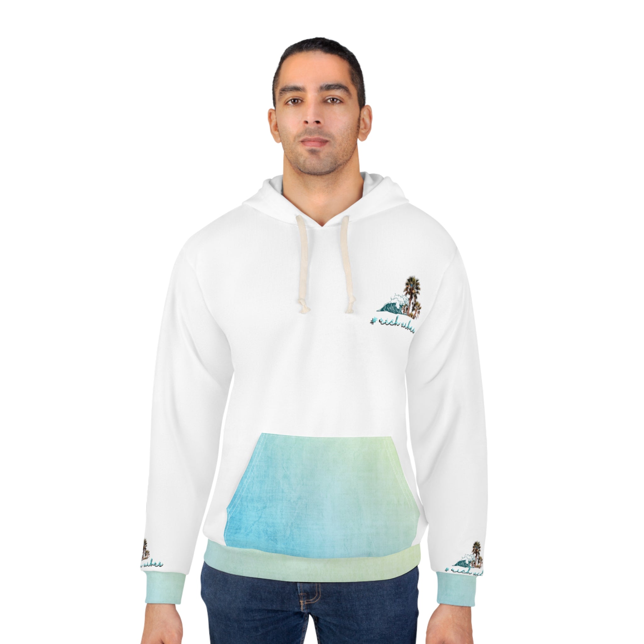 Rich Vibes White Blueberry Lemonade Water Wave Palm Trees - Unisex Pullover Hoodie (AOP)