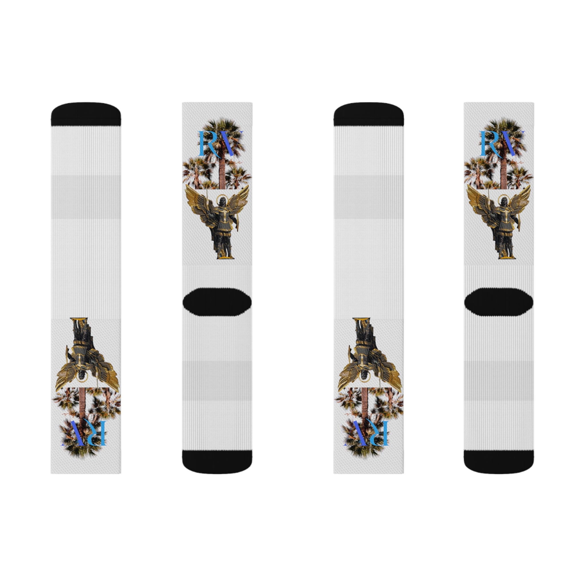 Rich Vibes RV Palm Tree Logo Archangel Michael White - Sublimation Socks