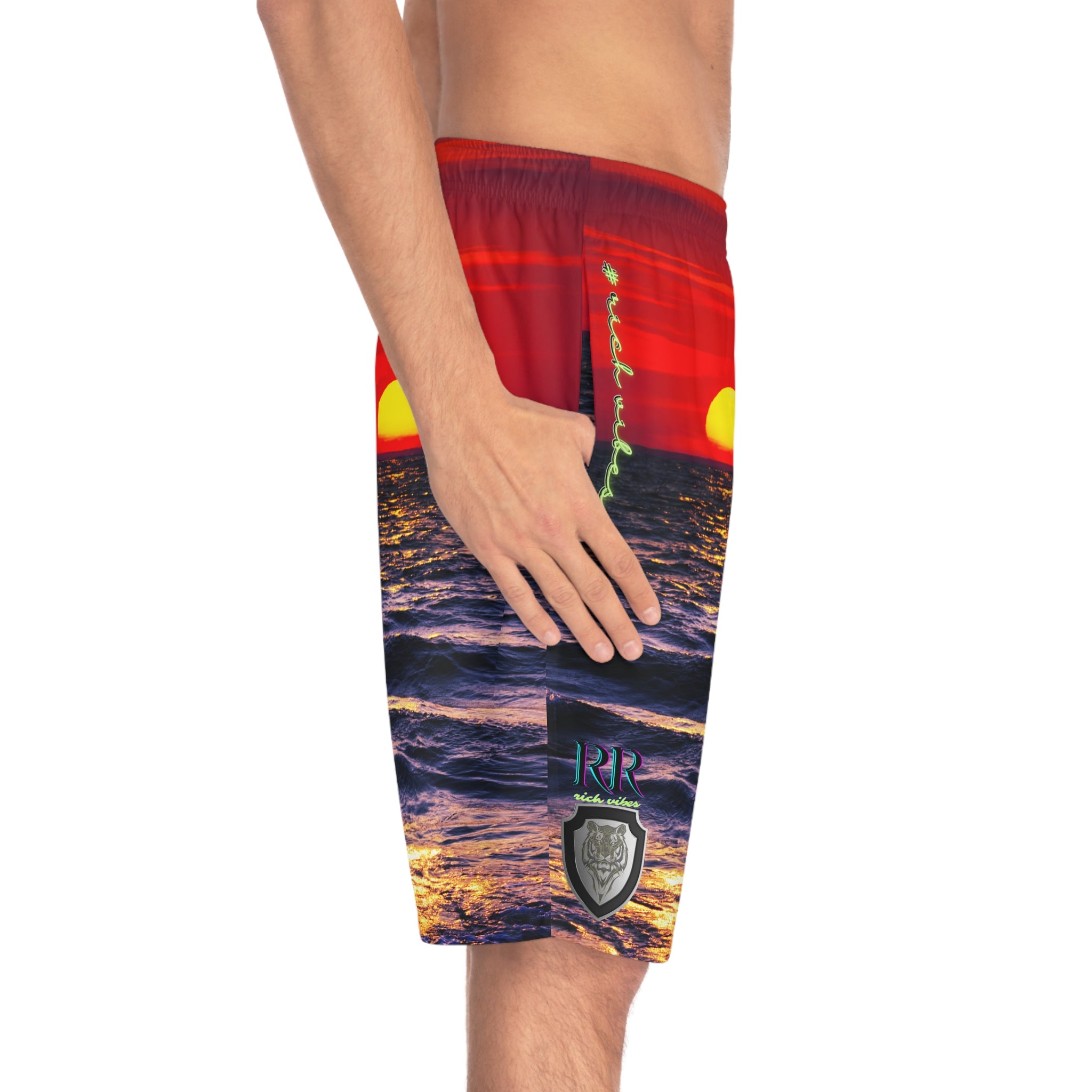 Rich Vibes RR Volt Red Opal Sunset Tiger Shield 1.0 - Men's Board Shorts (AOP)
