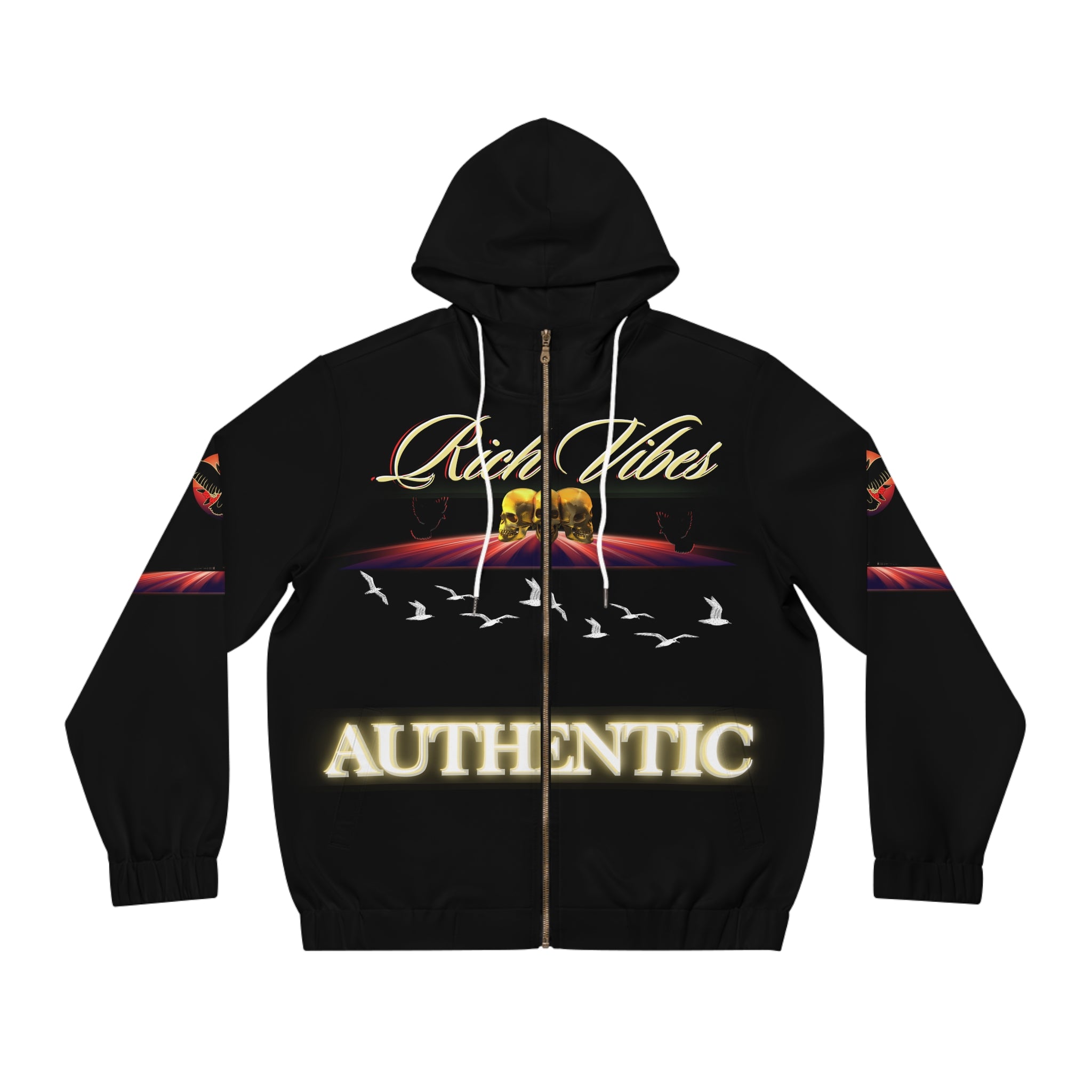 Rich Vibes Authentic Triple Golden Skull City Skyline 1.5 - Men's Full-Zip Hoodie (AOP) Black