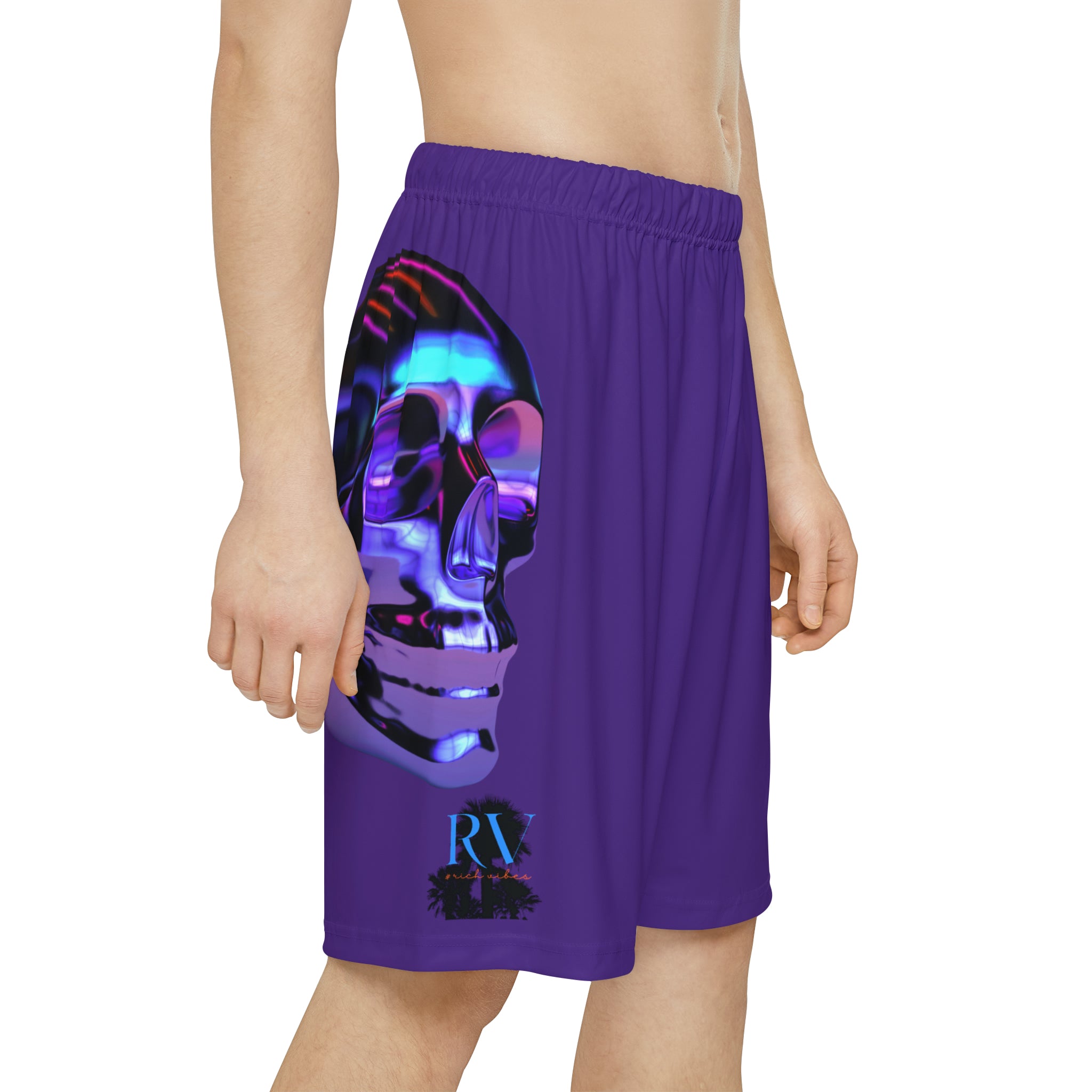 Rich Drip Psychedelic Metal Skull - RV Palm Tree Silhouette Men’s Sports Shorts (AOP) Purple