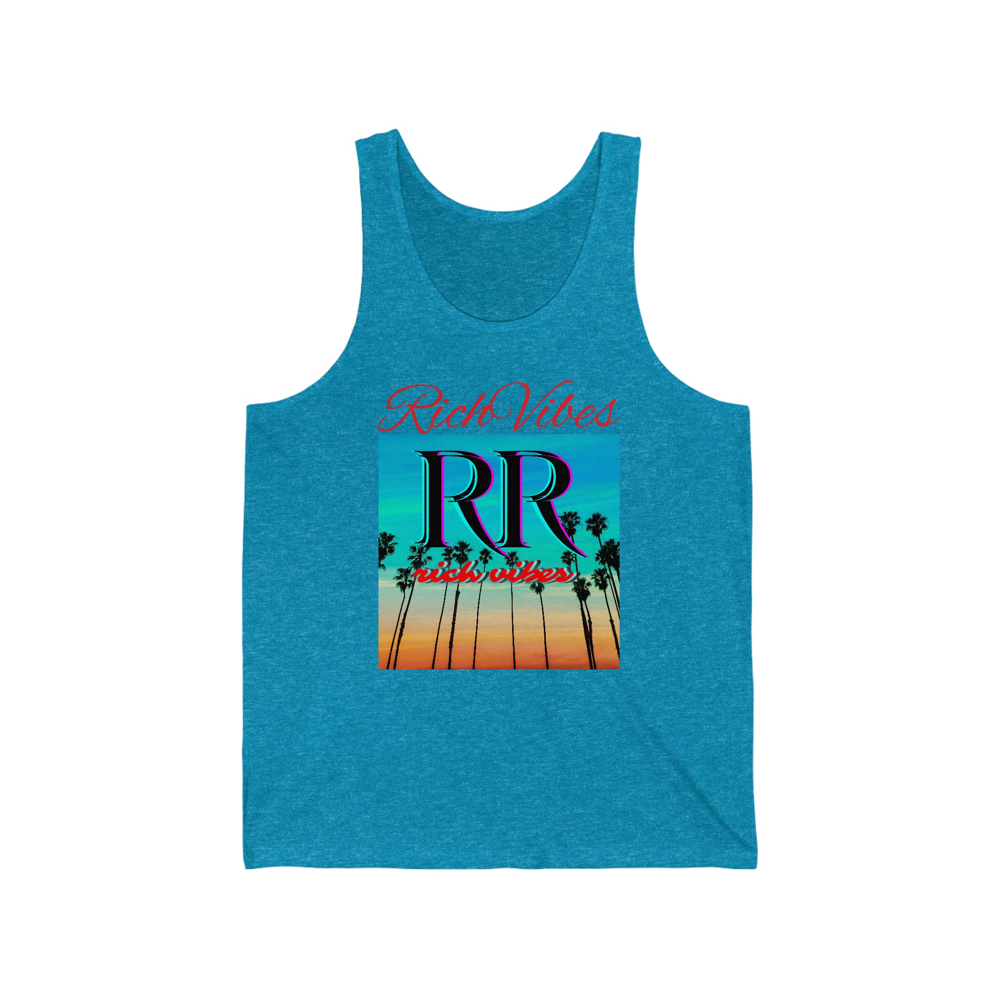 Rich Vibes RR Multi Colored Beach Sunset Drip Aqua - Unisex Jersey Tank
