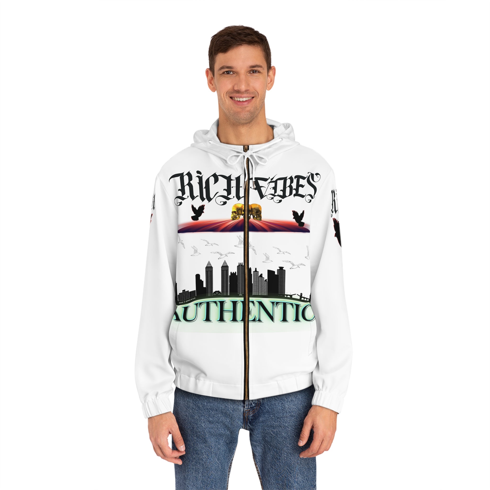 Rich Vibes Authentic Black Bird City Skyline 1.5 - Men's Full-Zip Hoodie (AOP) White