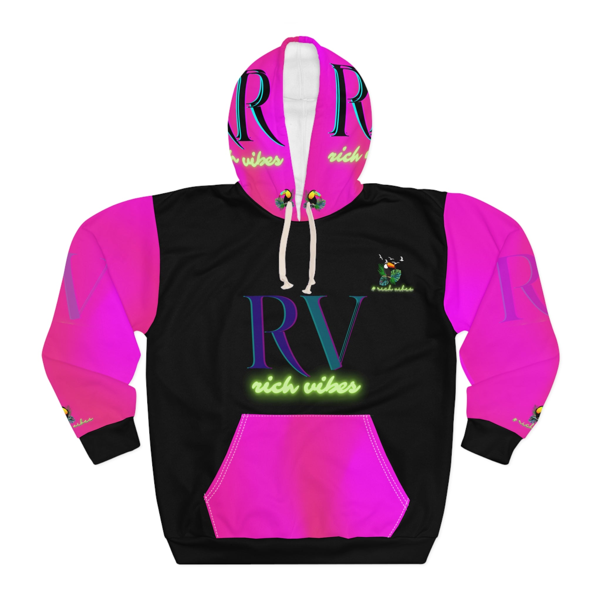 Rich Vibes Black Tropical Pink Volt RR Tropical Jungle Tiger 1.3 - Unisex Pullover Hoodie (AOP)