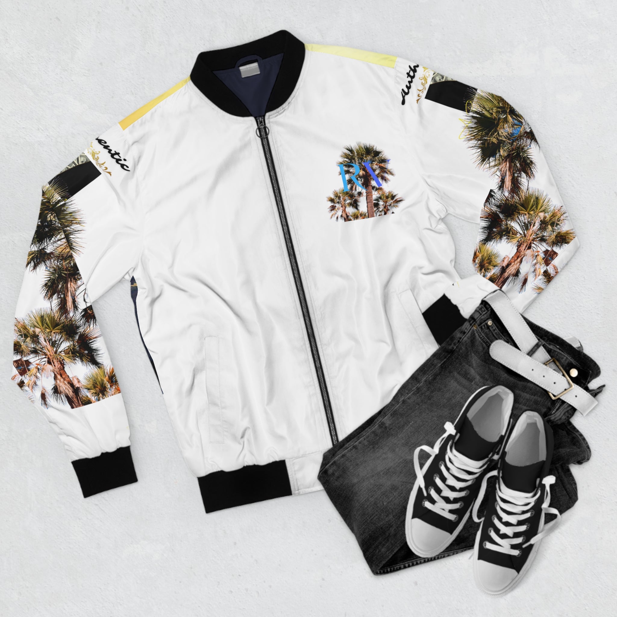 RICH VIBES RV Palm Tree Sunset Flight Authentic Signature Collection - Men's White Bomber Jacket (AOP)