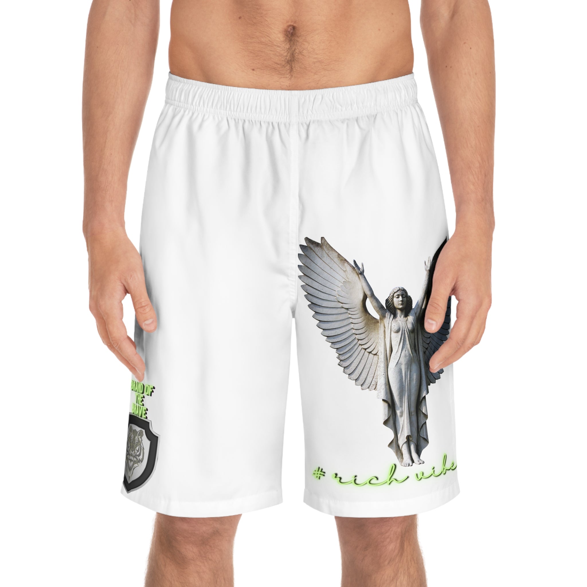 Rich Vibes Volt Brand Of The Brave ARCH Angel Shield White - Men's Board Shorts (AOP)