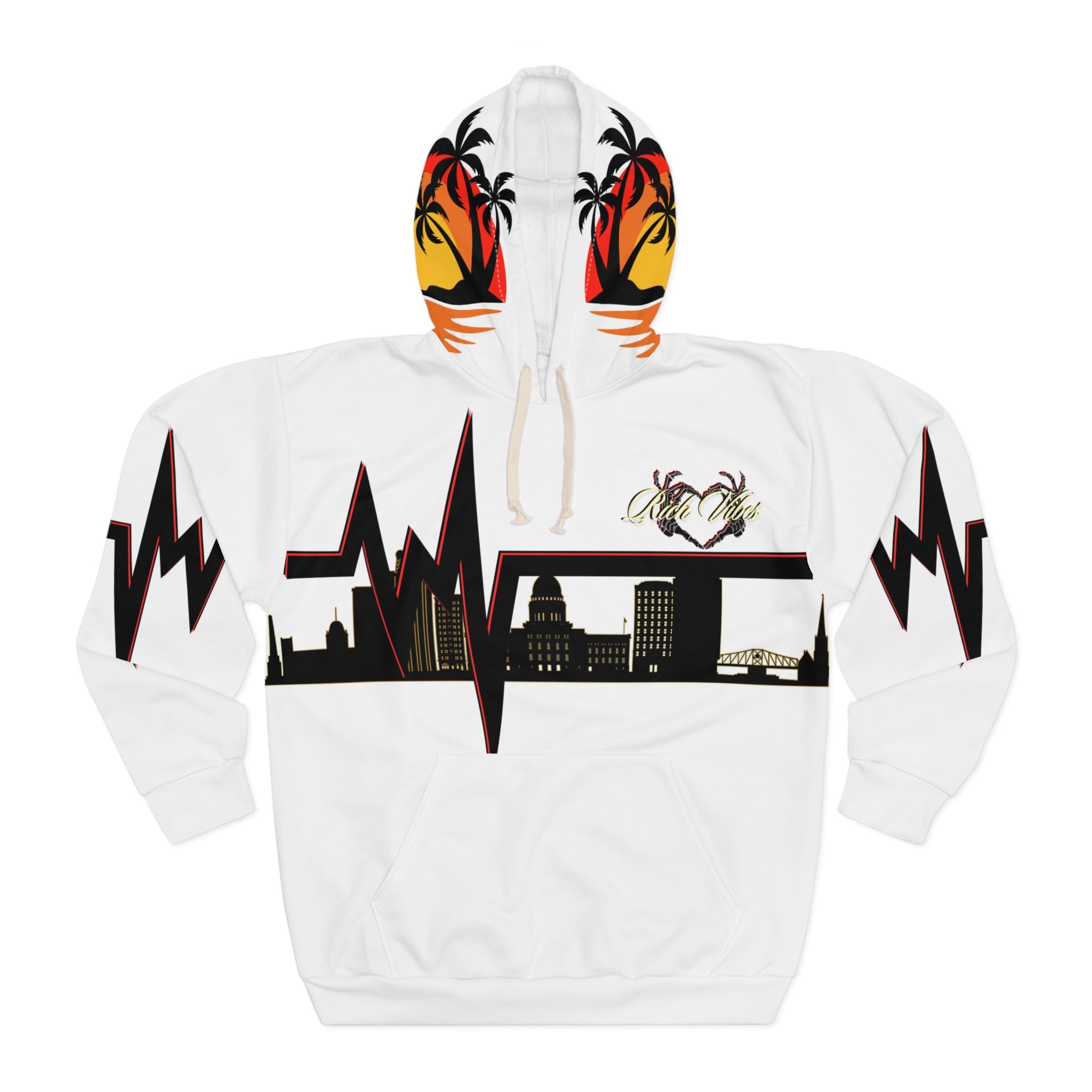 Rich Vibes Pulse of the City Skyline - Unisex Pullover Hoodie (AOP) White