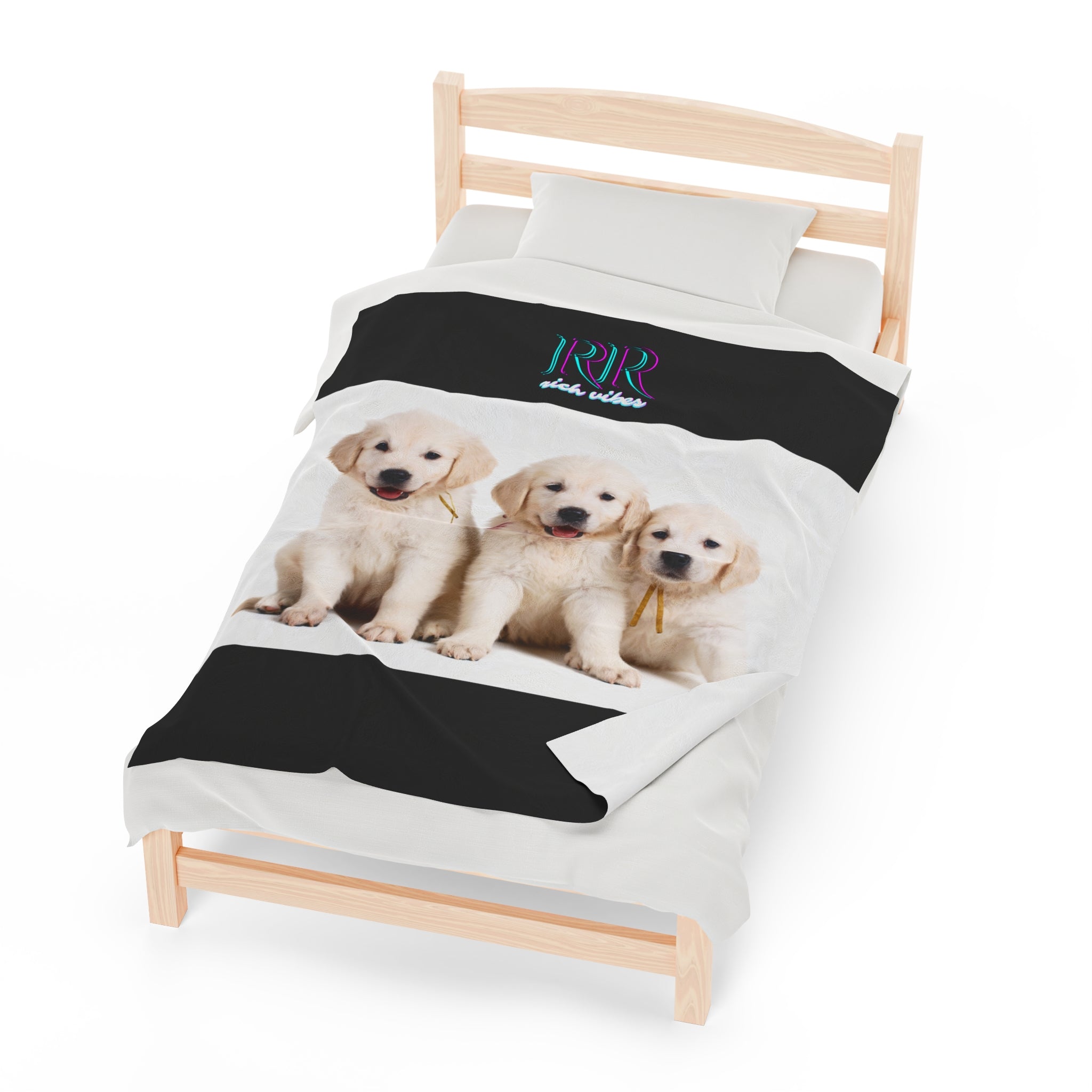 Rich Vibes RR Three White Retriever Pups - Velveteen Plush Blanket Black