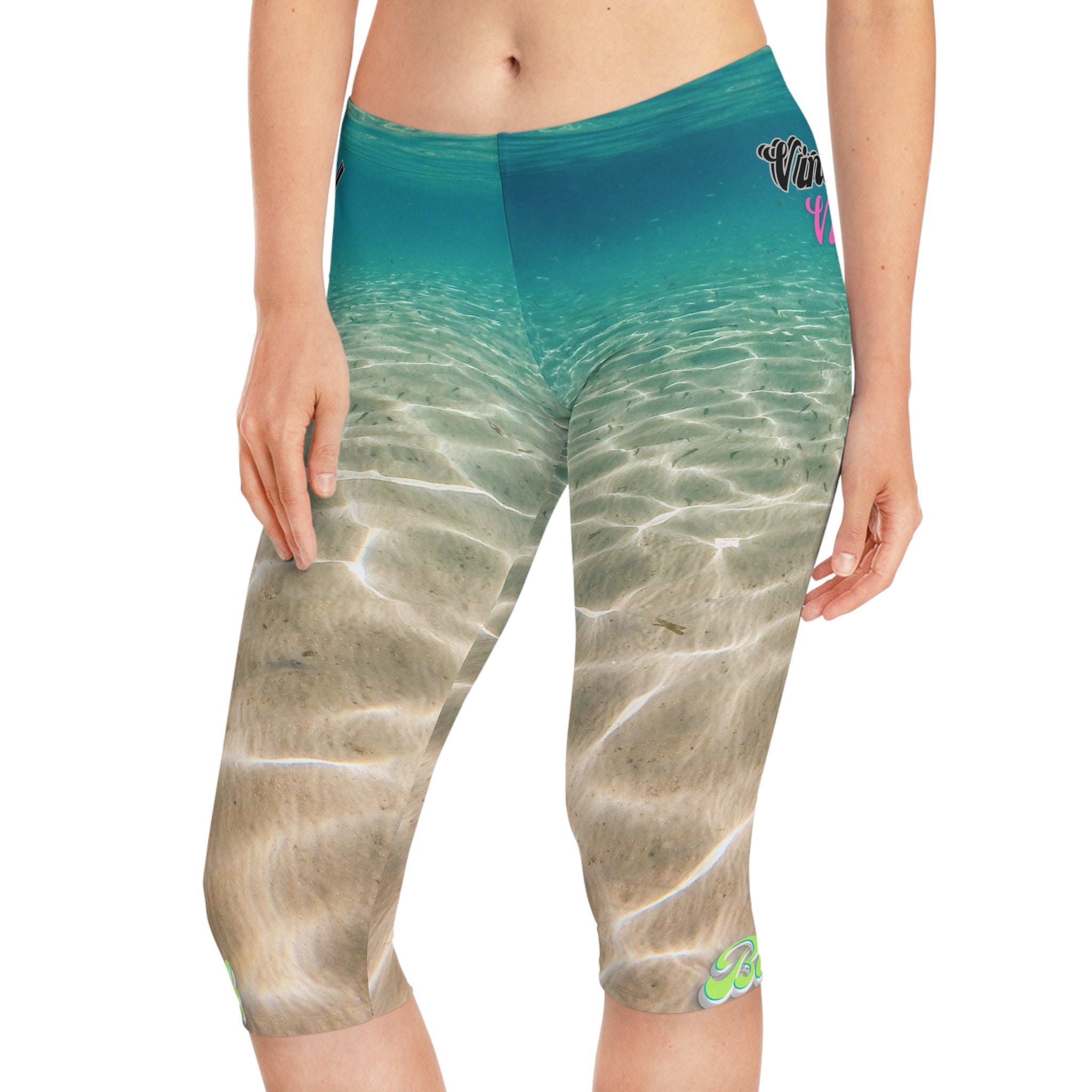 Vineyard VV Aqua Print Beach Vibes 3.0 - Women's Capri Leggings (AOP)