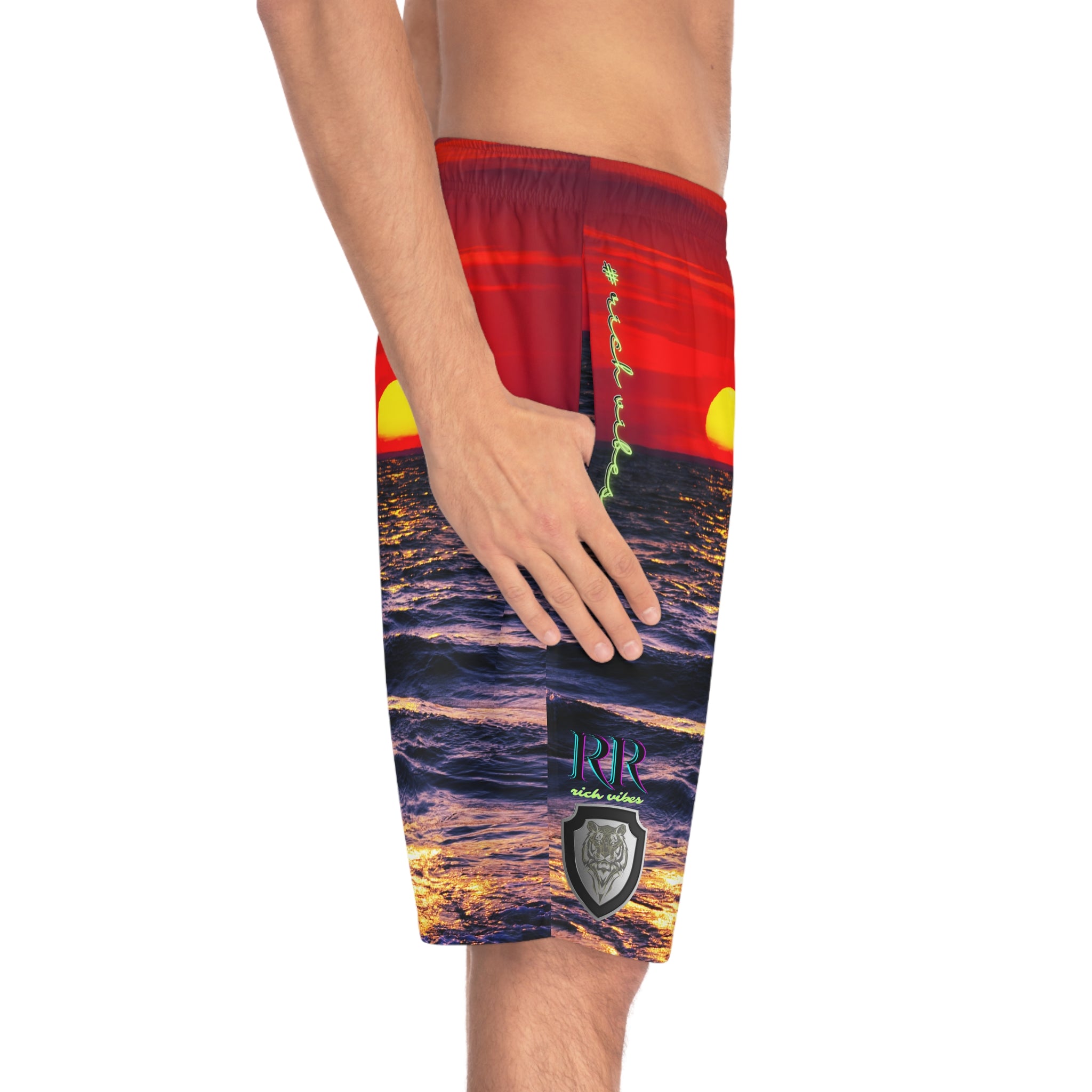Rich Vibes RR Volt Red Opal Sunset Tiger Shield 2.0 - Men's Board Shorts (AOP)
