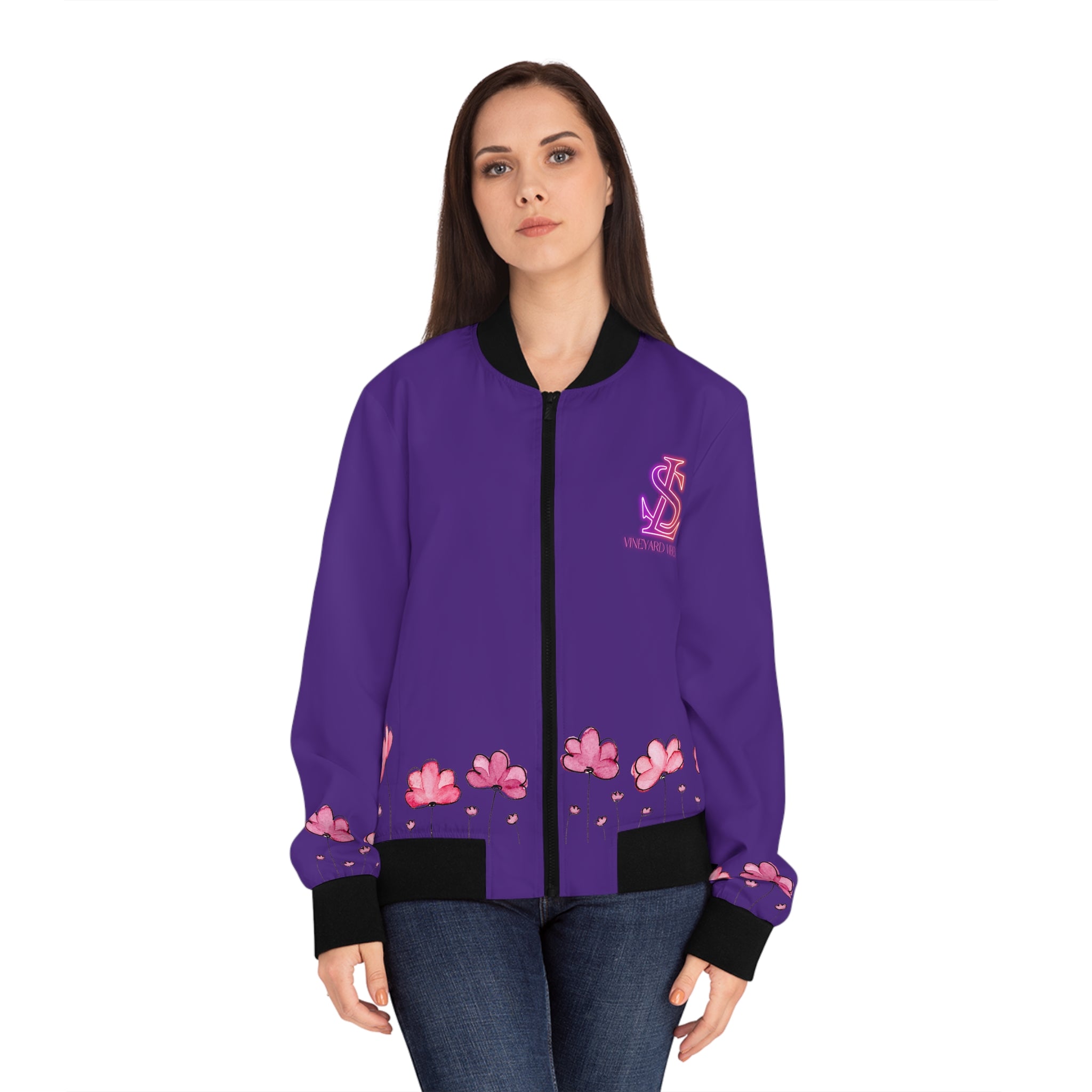 Vineyard Vibes Pink Flower LS LIFESTYLE 1.5 - Women's Purple Bomber Jacket (AOP)