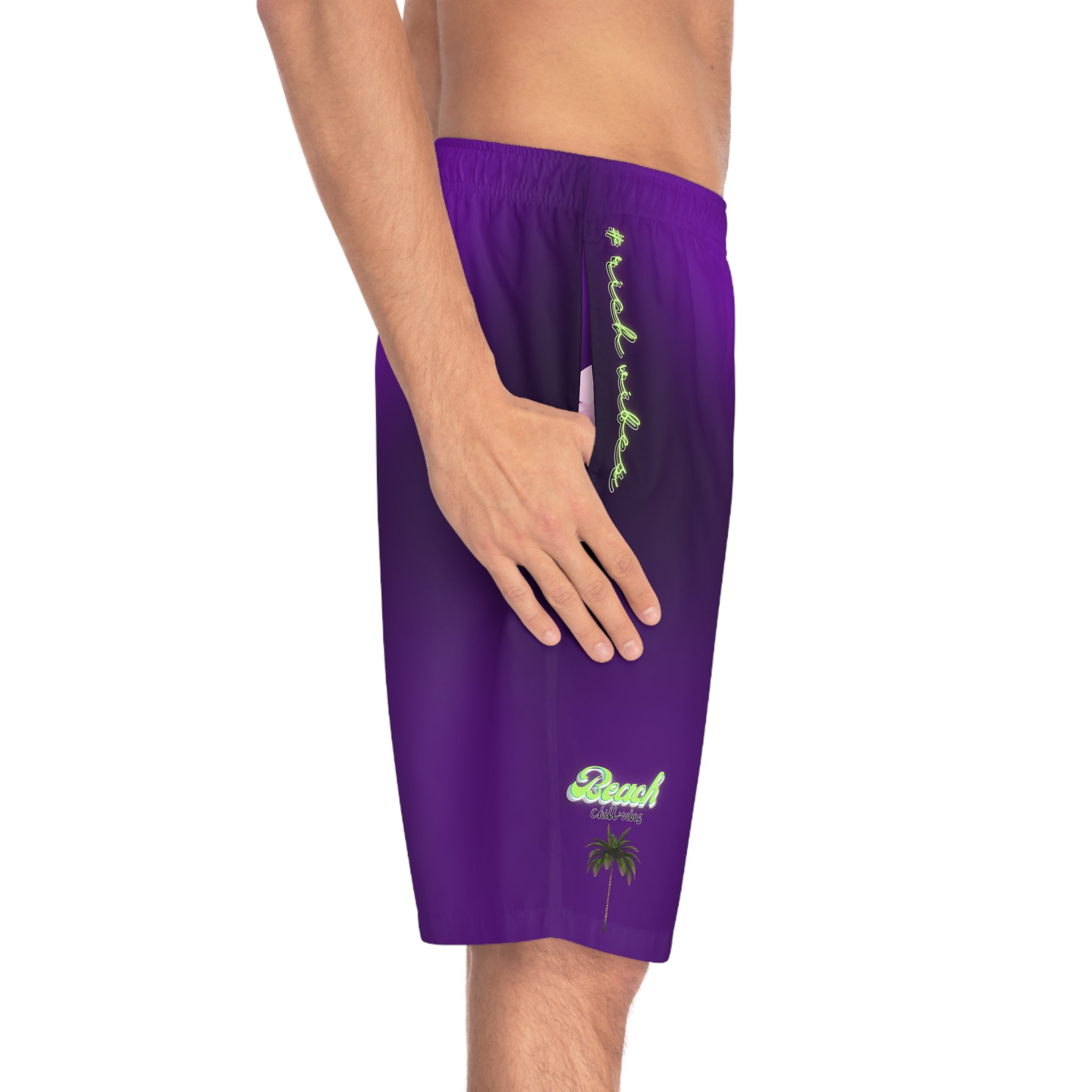 Rich Vibes Volt Purple Tropical Pink Palm Tree Beach Chill Vibes 2.0 - Men's Board Shorts (AOP)