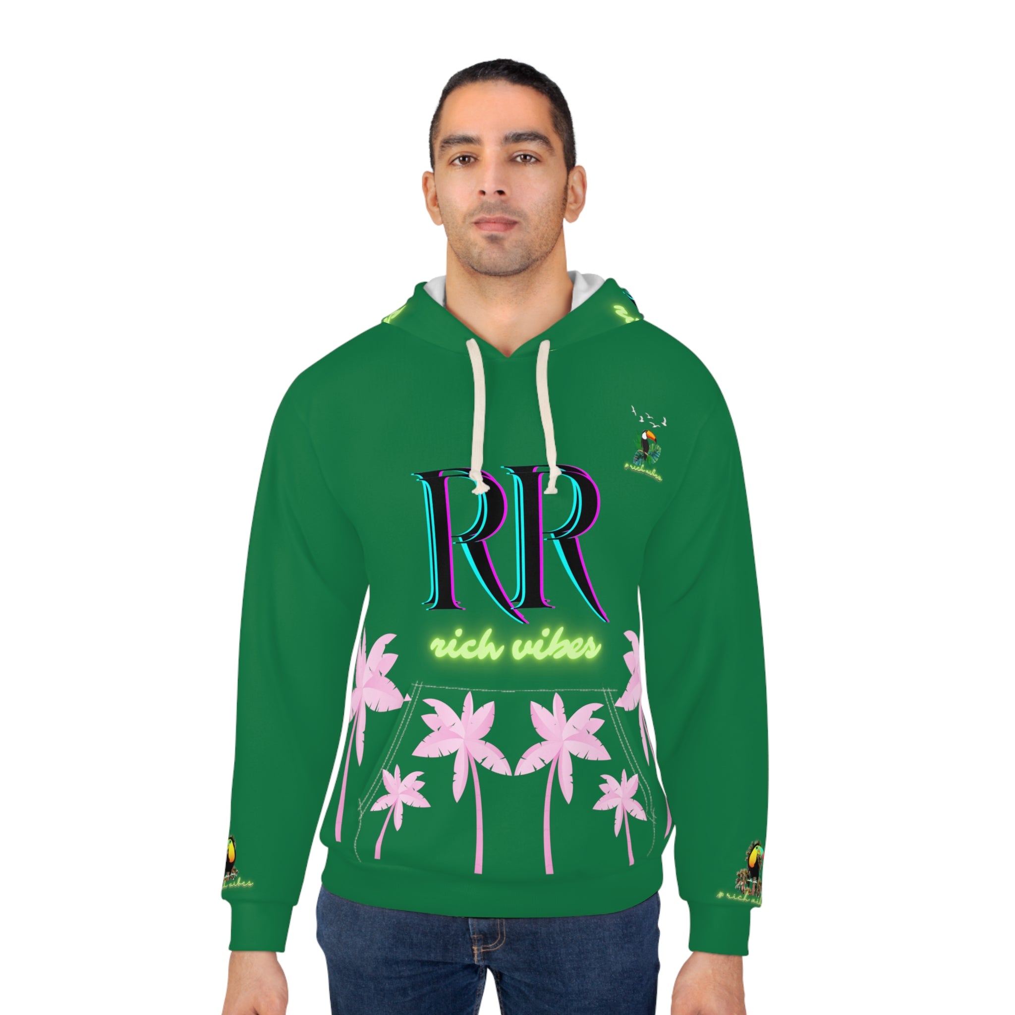 Rich Vibes Volt Green RR Watermelon Green Tropical Pink Palm Tree Jungle Tiger - Unisex Pullover Hoodie (AOP)