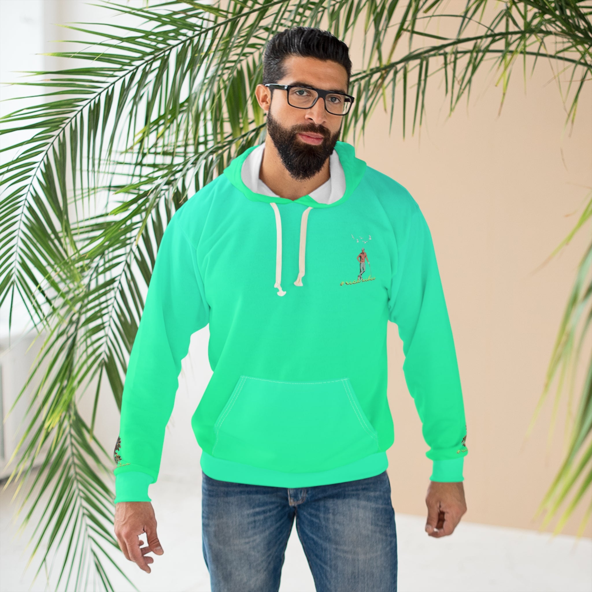 Rich Vibes Neon Green Volt RR Colorful Palm Trees Golf Pro 1.0 - Unisex Pullover Hoodie (AOP)