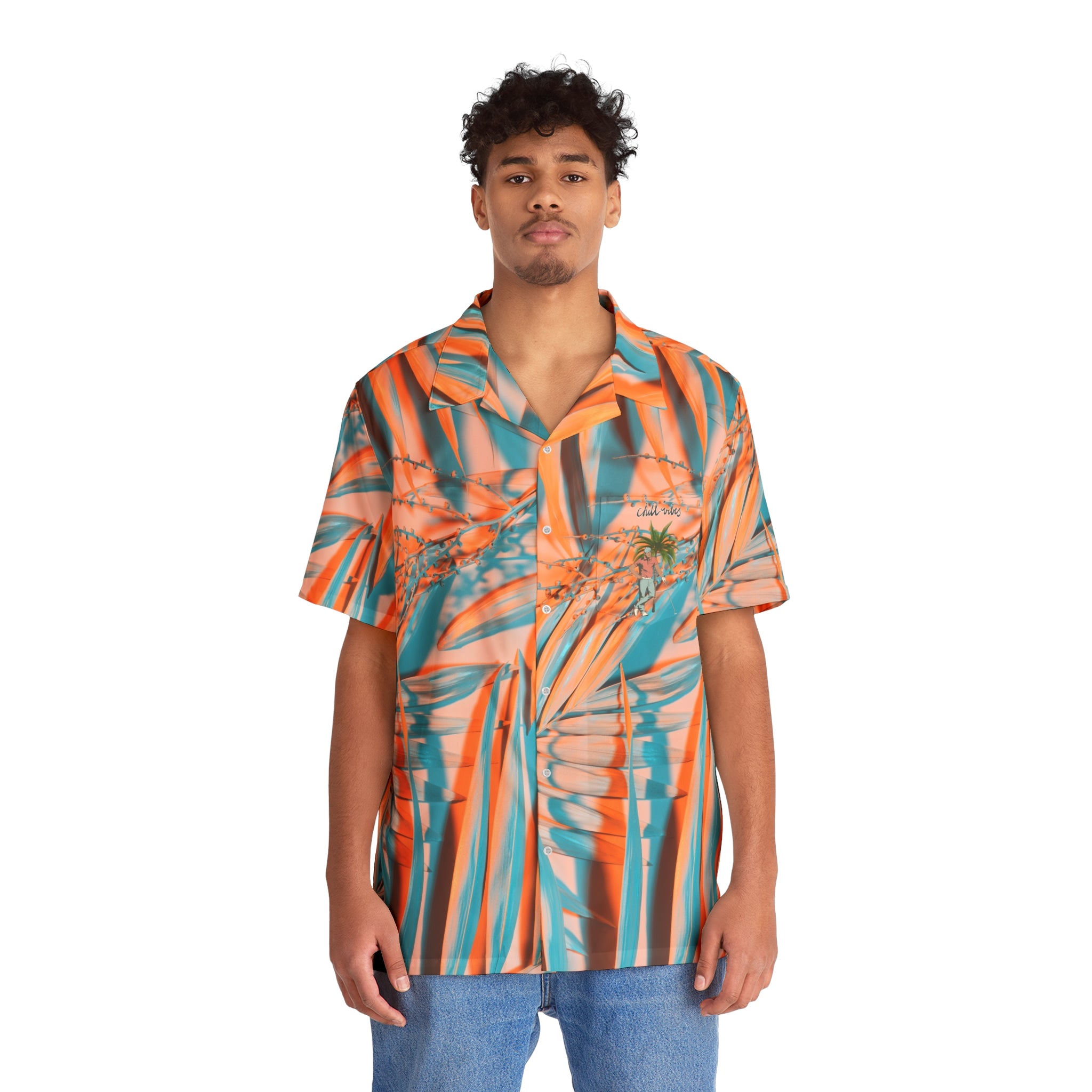 Rich Vibes Colorful Palm Tree Golfer Turquoise Peach Palm Tree - Men's Hawaiian Shirt (AOP)