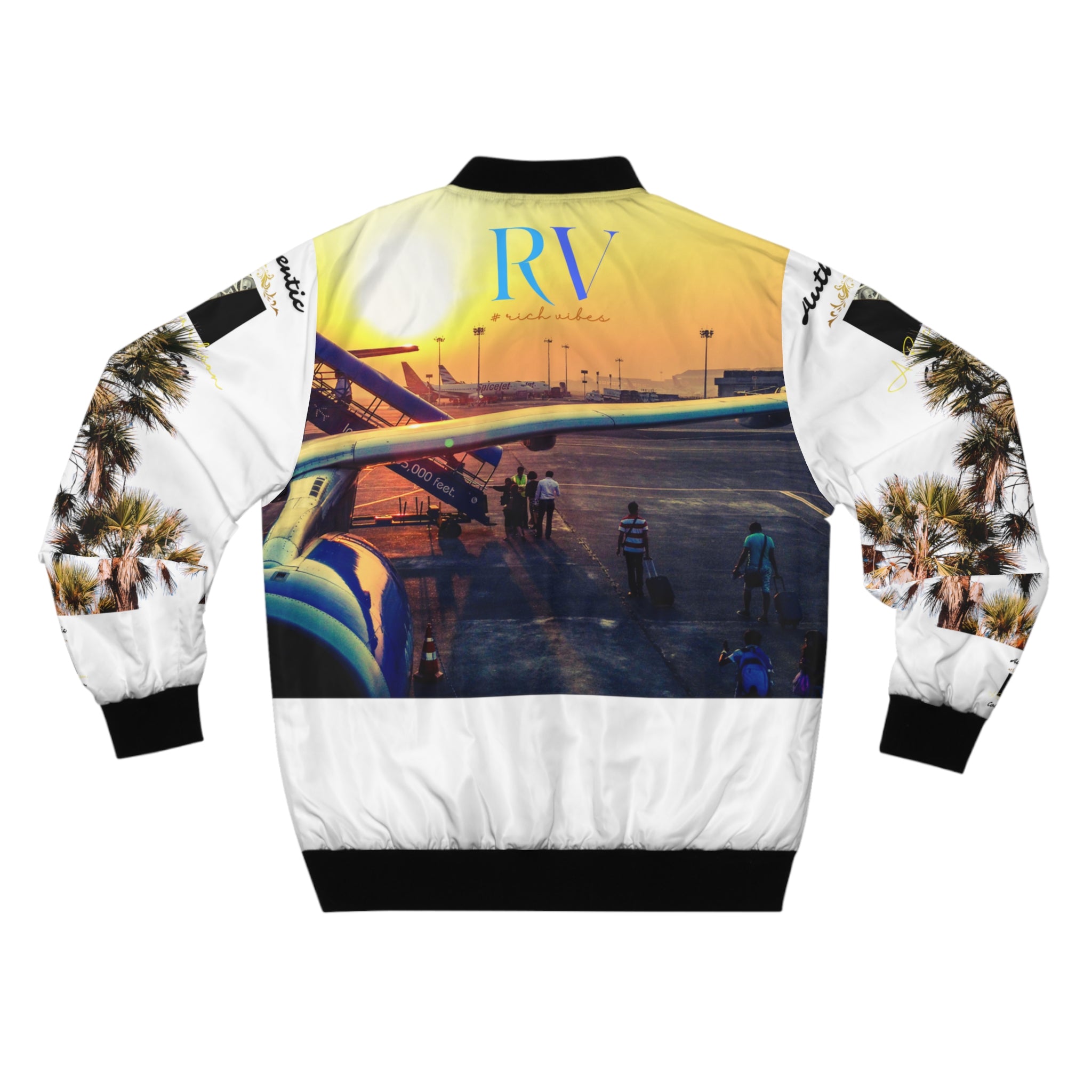 RICH VIBES RV Palm Tree Sunset Flight Authentic Signature Collection - Men's White Bomber Jacket (AOP)