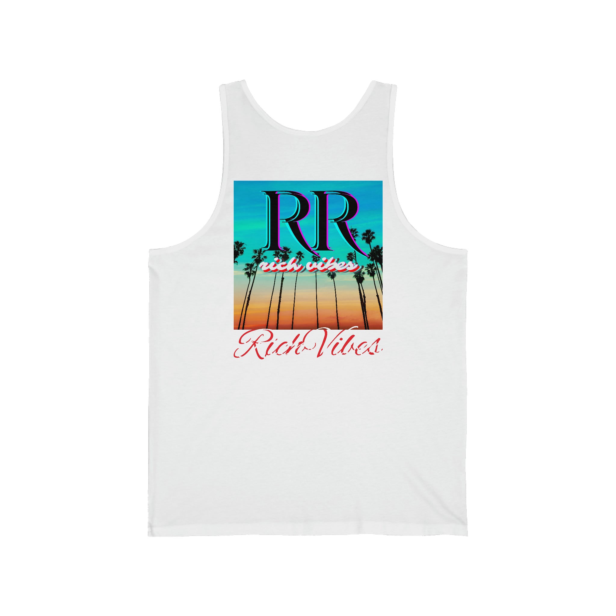 Rich Vibes RR Multi Colored Beach Sunset Drip White - Unisex Jersey Tank