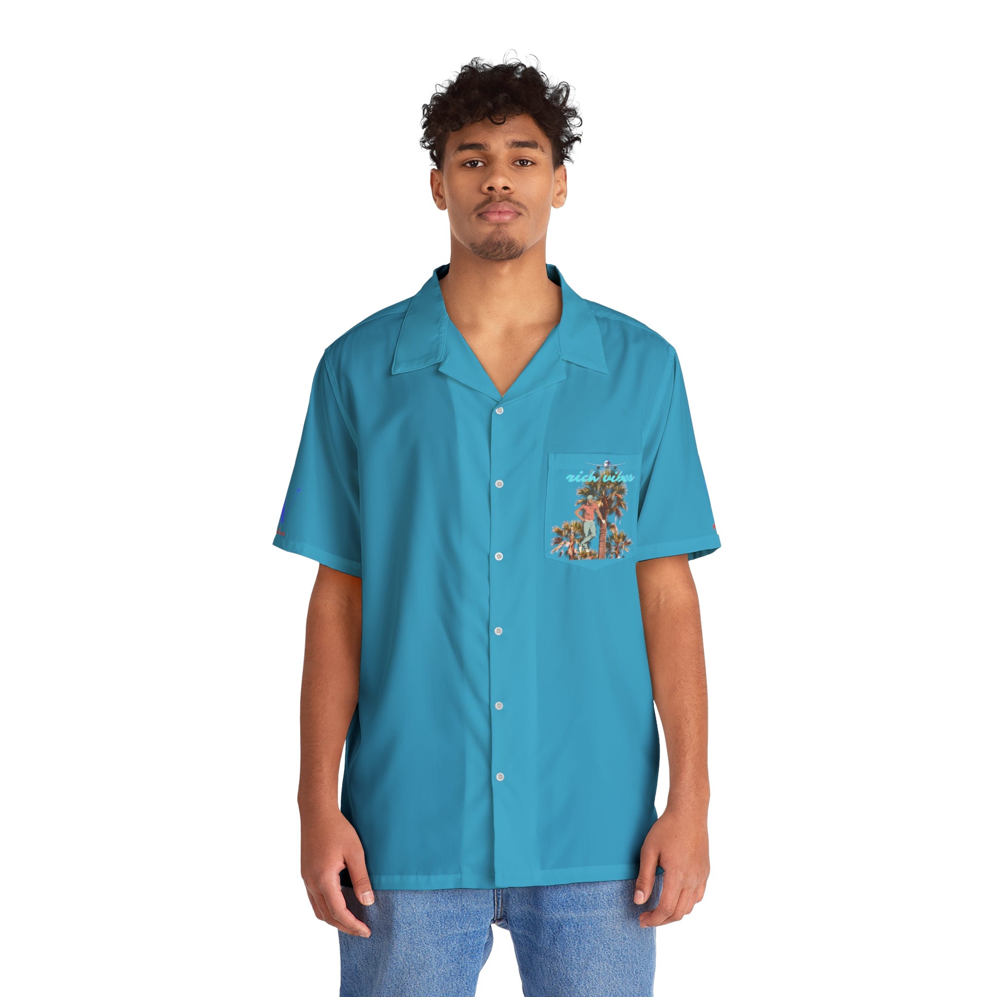 Rich Vibes RV Golfer's Palm Tree 9 Star Salute 1.0- Men's Hawaiian Shirt (AOP)Turquoise
