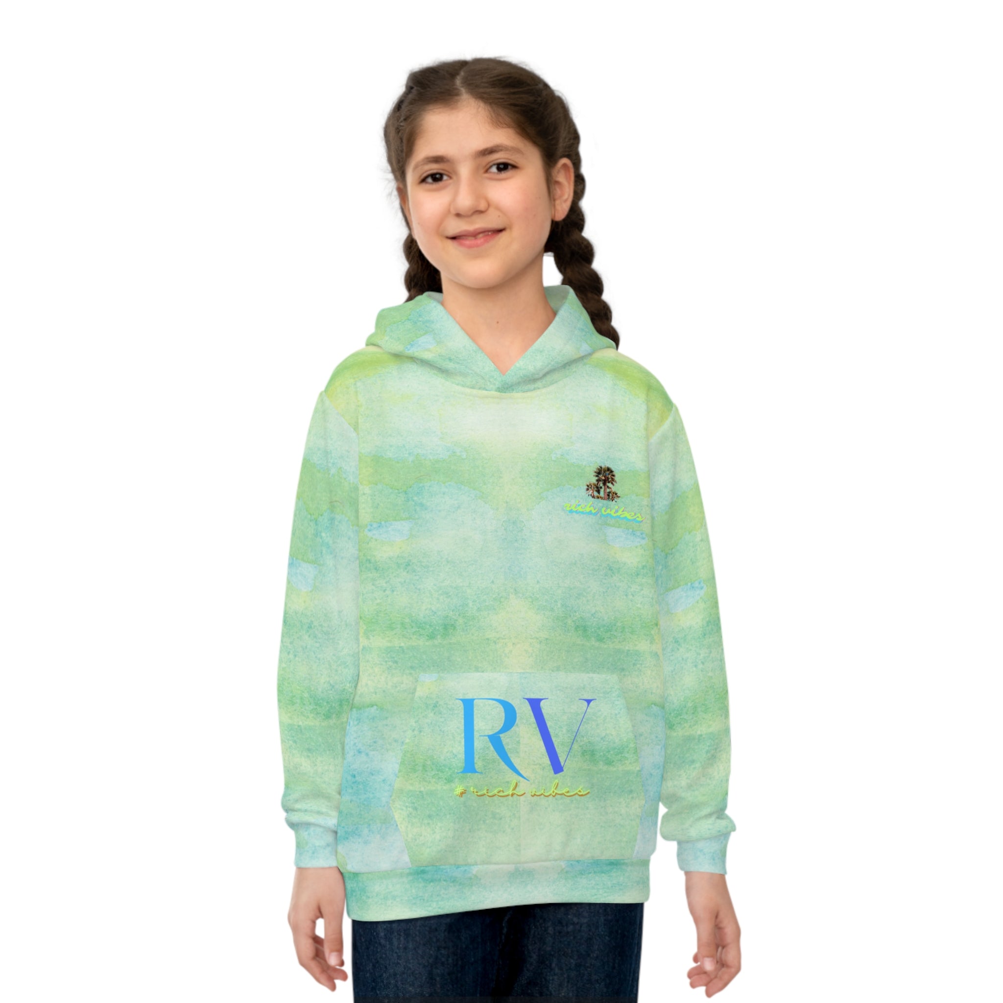 Rich Vibes Water Color Green RV Color Palm Tree -  Children's Hoodie (AOP)