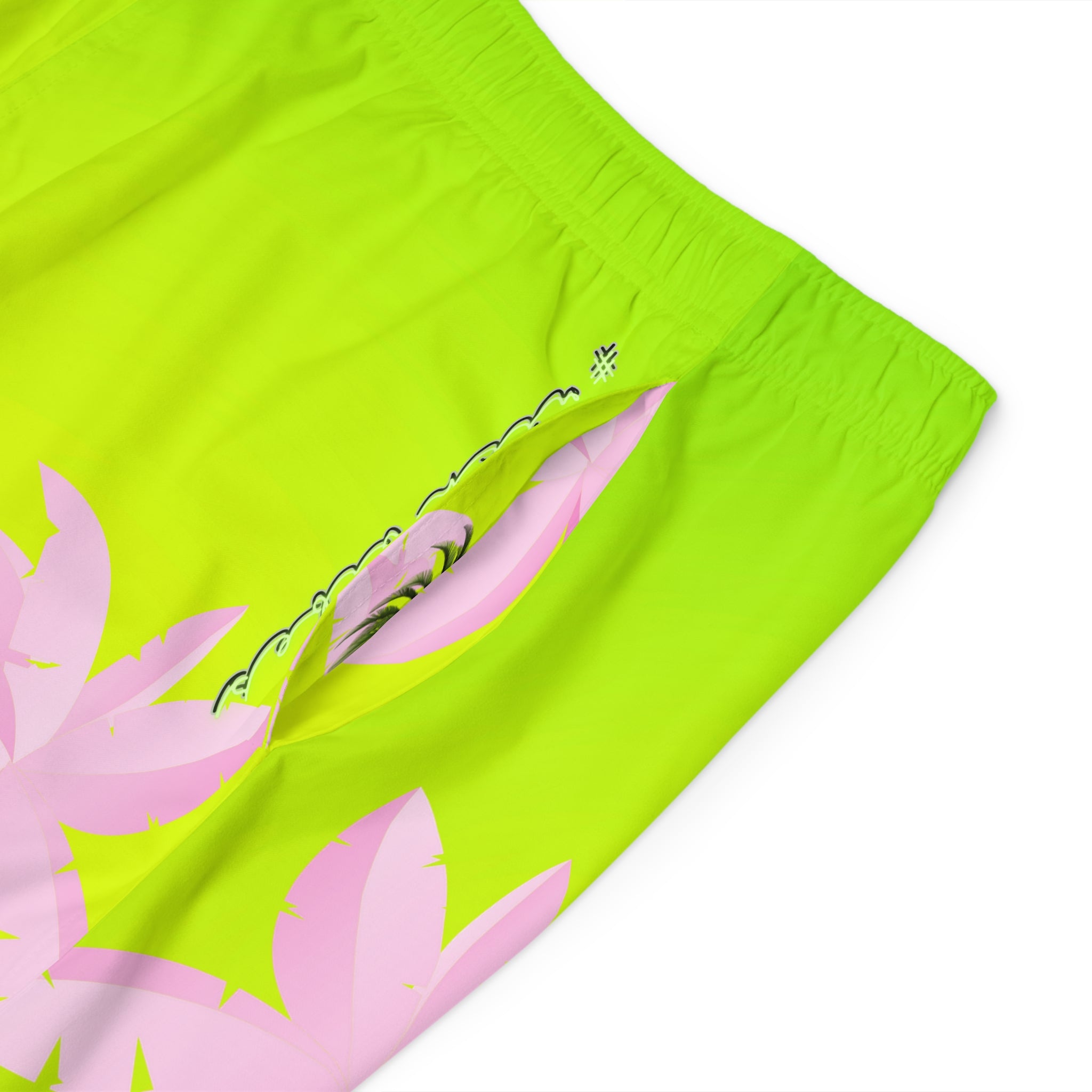 Rich Vibes Lime Green Tropical Pink Palm Tree Beach Chill Vibes 1.5 - Men's Board Shorts (AOP)