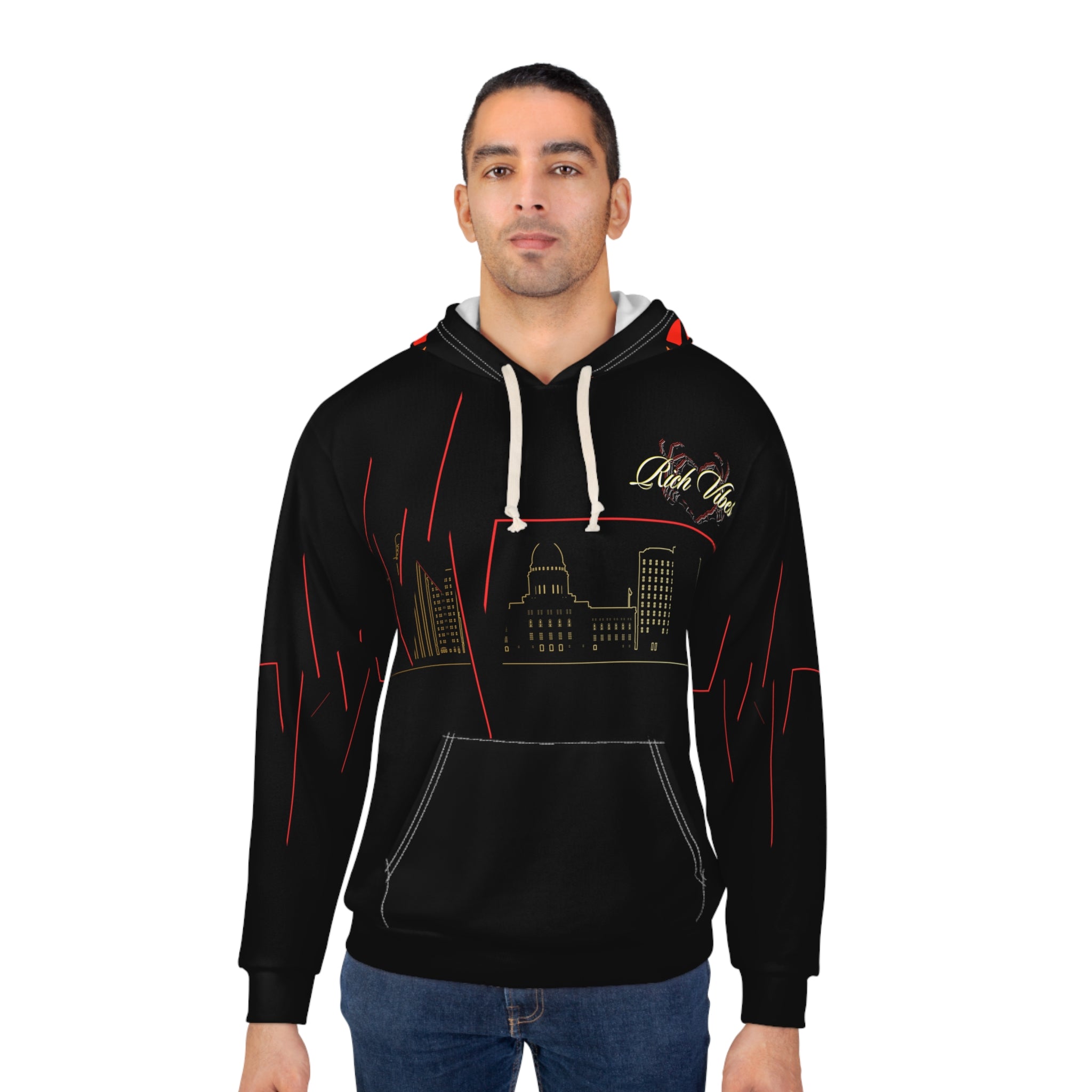 Rich Vibes Pulse of the City Sunset - Unisex Pullover Hoodie (AOP) Black