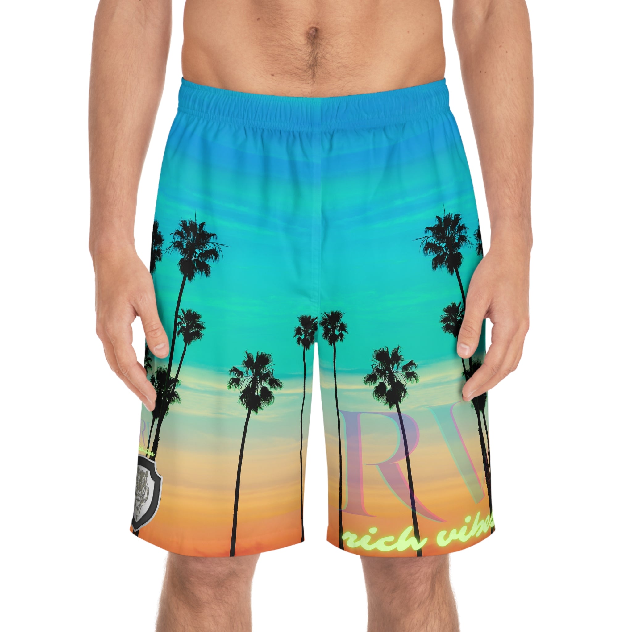 Rich Vibes Volt Turquoise Sunset Tiger Shield 3.0 - Men's Board Shorts (AOP)