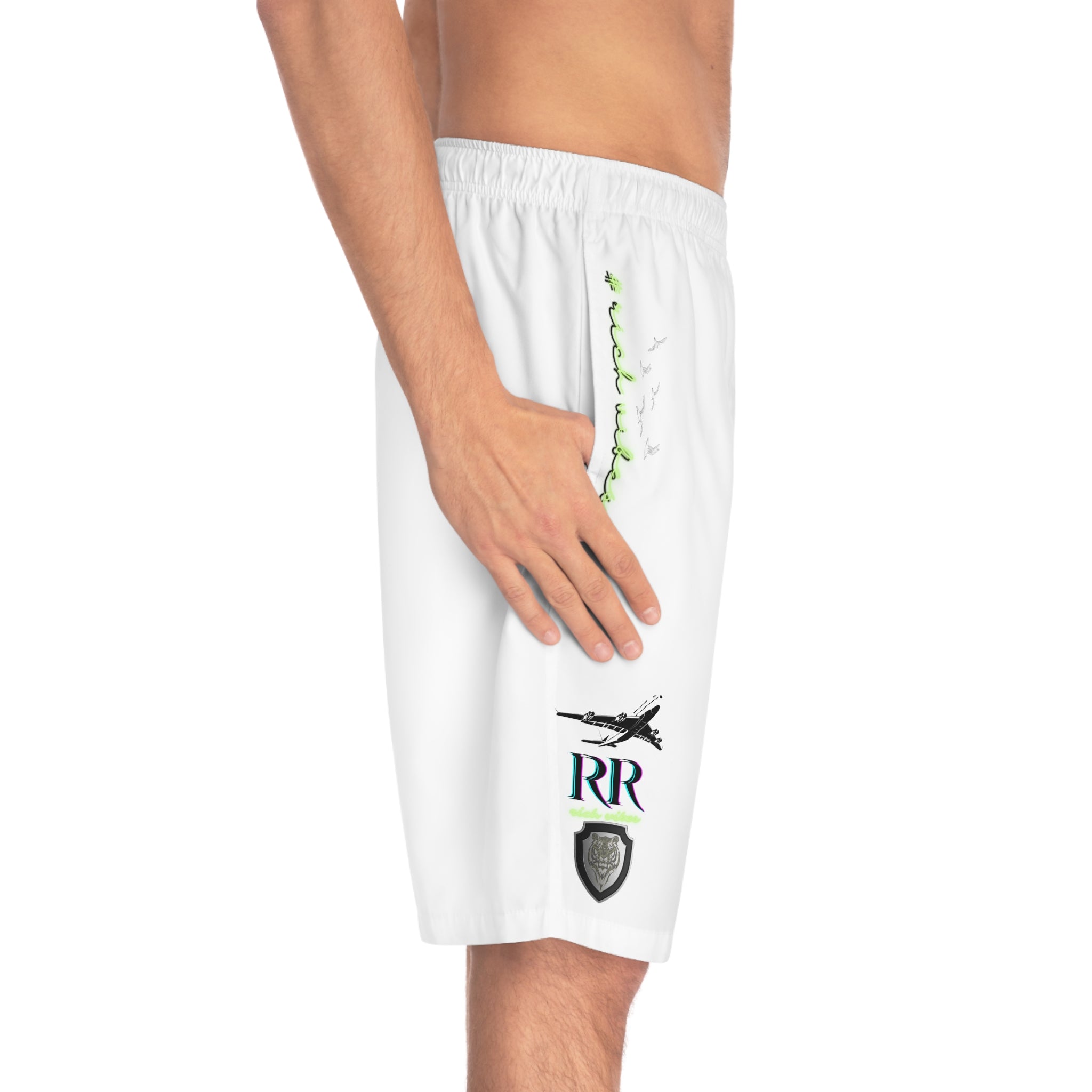 Rich Vibes RR Volt Plane Flight Tiger Shield 2.0 White - Men's Board Shorts (AOP)