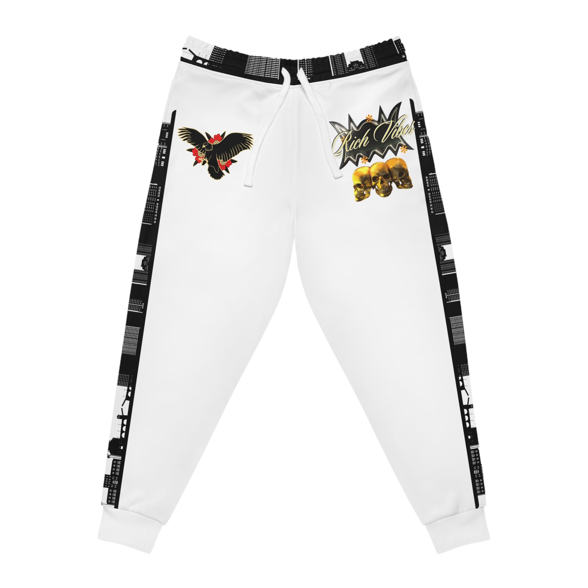 Rich Vibes Black Bird Triple Golden Skull City Skyline - Athletic Joggers (AOP) White