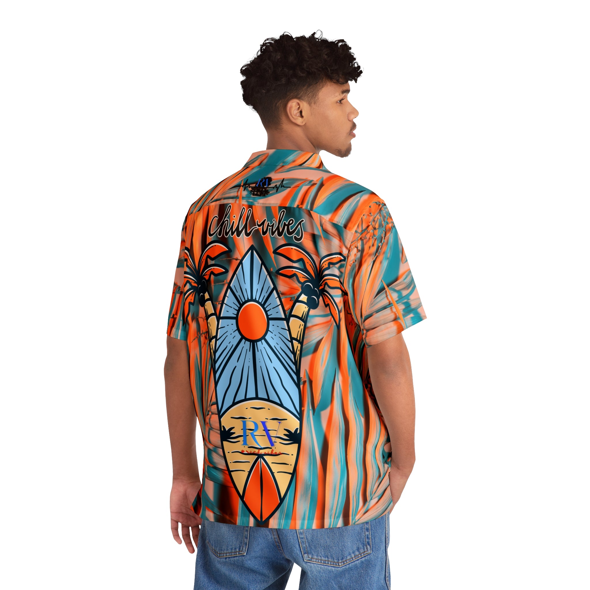Rich Vibes RV Pulse Turquoise Peach Palm Tree - Men's Hawaiian Shirt (AOP)